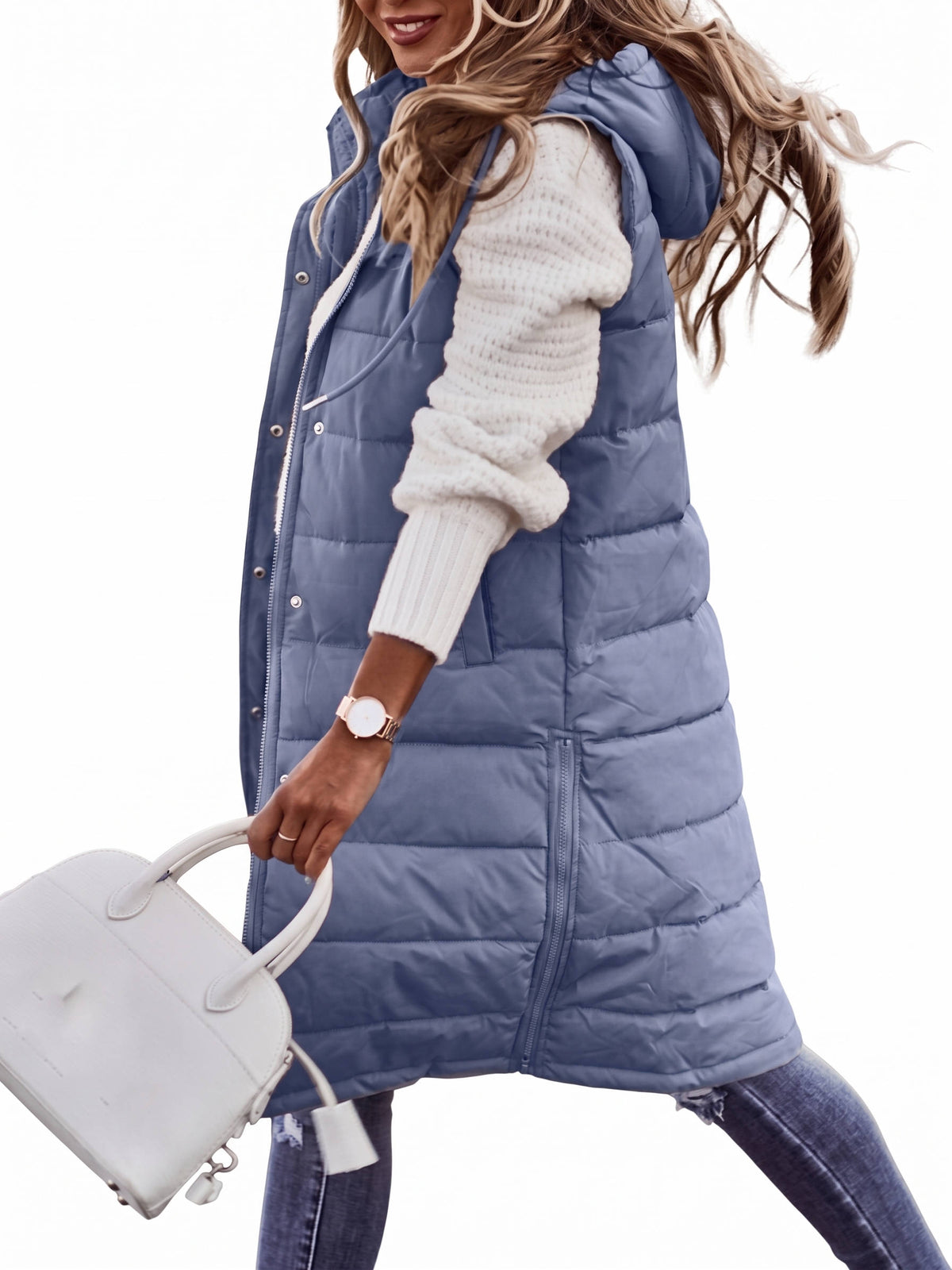 Women's Knee Length Puffer Vest, Hooded Quilted Zip Up Long Vest, Warm Winter Outerwear