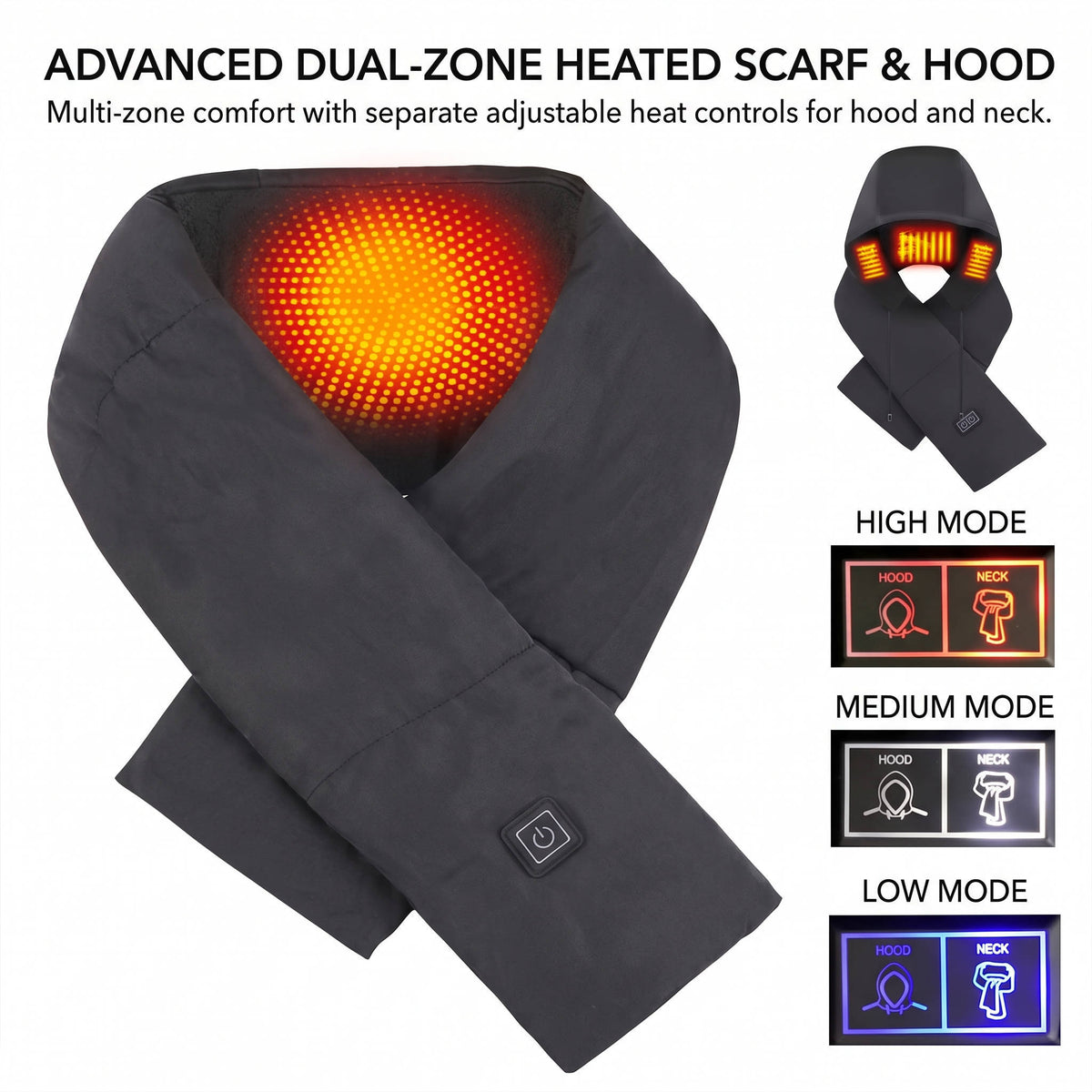 Heated Scarf with Hidden Hat, 5000mAh Rechargeable Wireless Heating Scarf, Lightweight Winter Neck Warmer