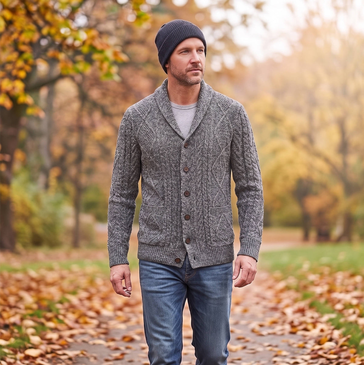 Mens Wool Blend Shawl Collar Cable Knit Cardigan Sweater, Button Front Long Sleeve with Pockets
