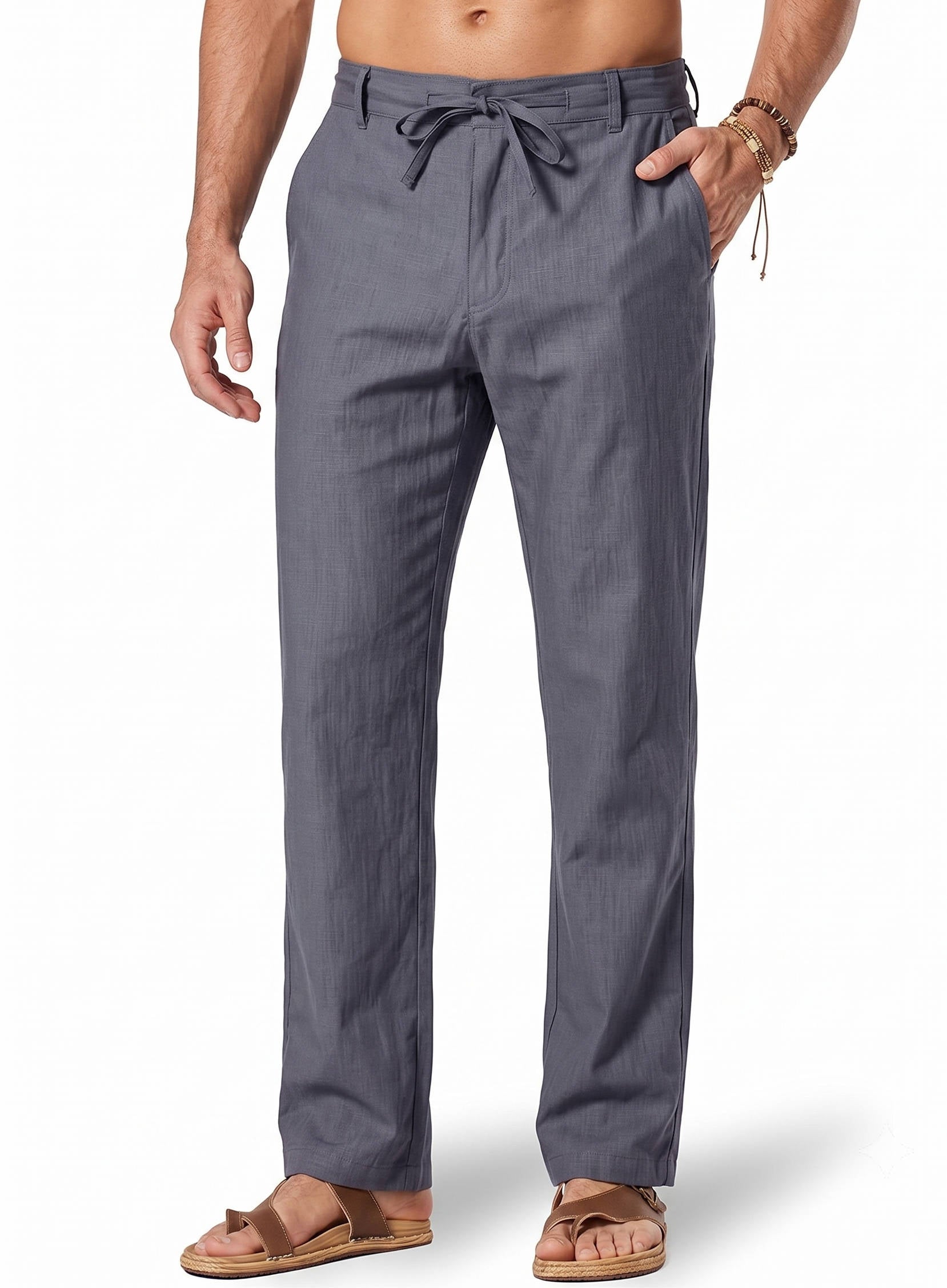 Mens Cotton Linen Pants, Relaxed Fit Drawstring Beach Summer Dress Trousers