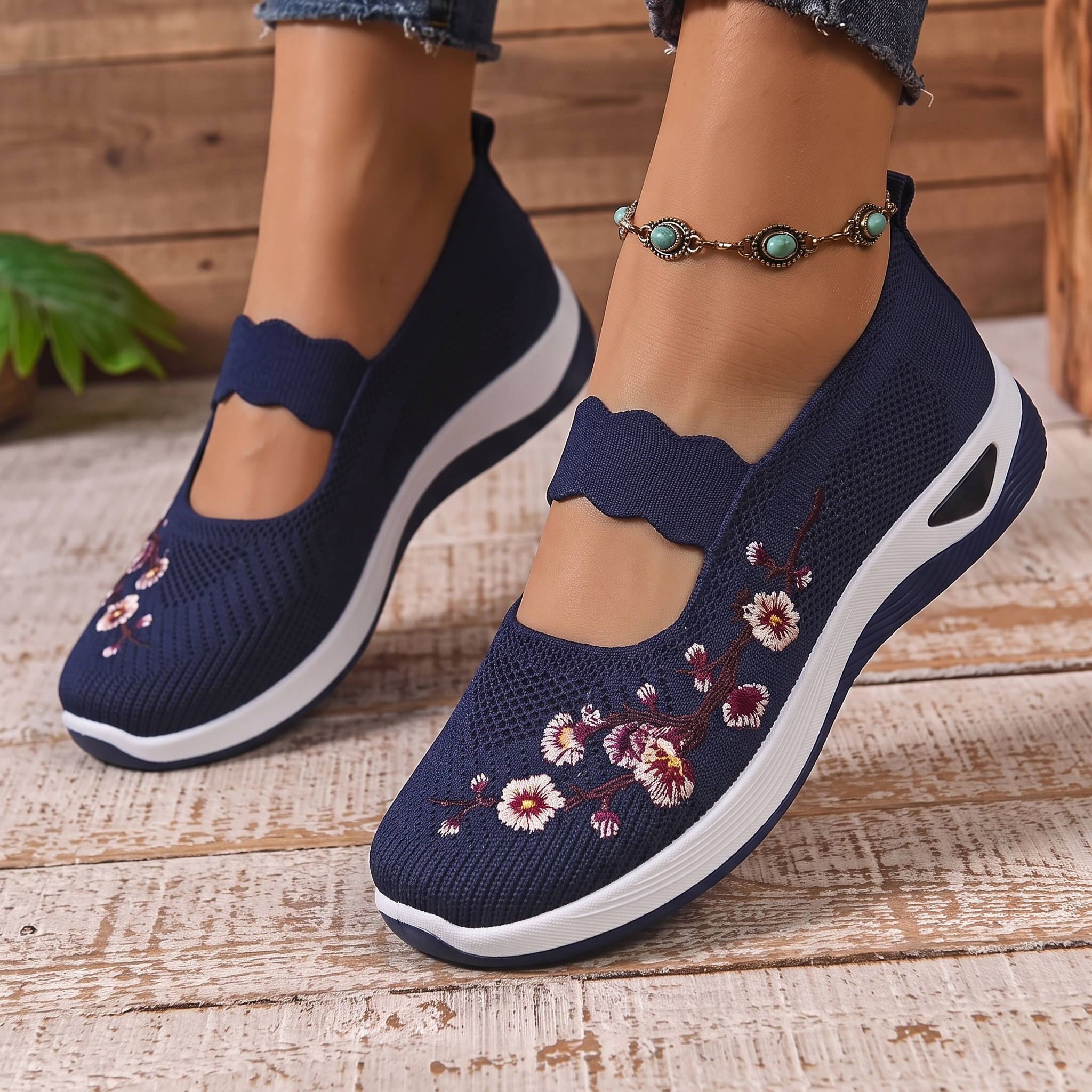 Women's Mary Jane Sneakers, Floral Embroidered Mesh Shoes, Slip on Elastic Strap Comfort Flats