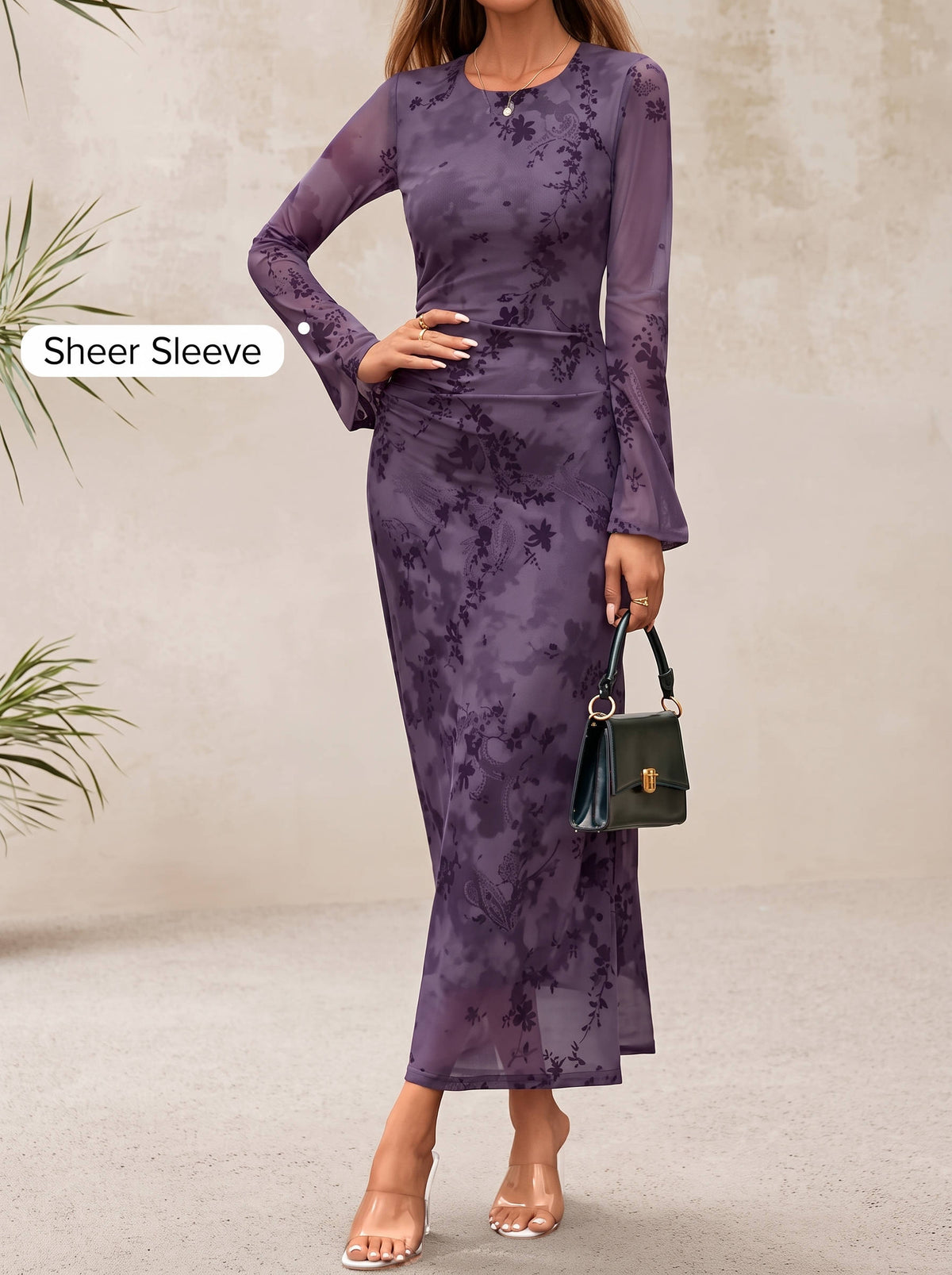 Womens Floral Maxi Dress, Long Sleeve Bodycon Ruched Mesh Formal Dress for Fall Evening Events