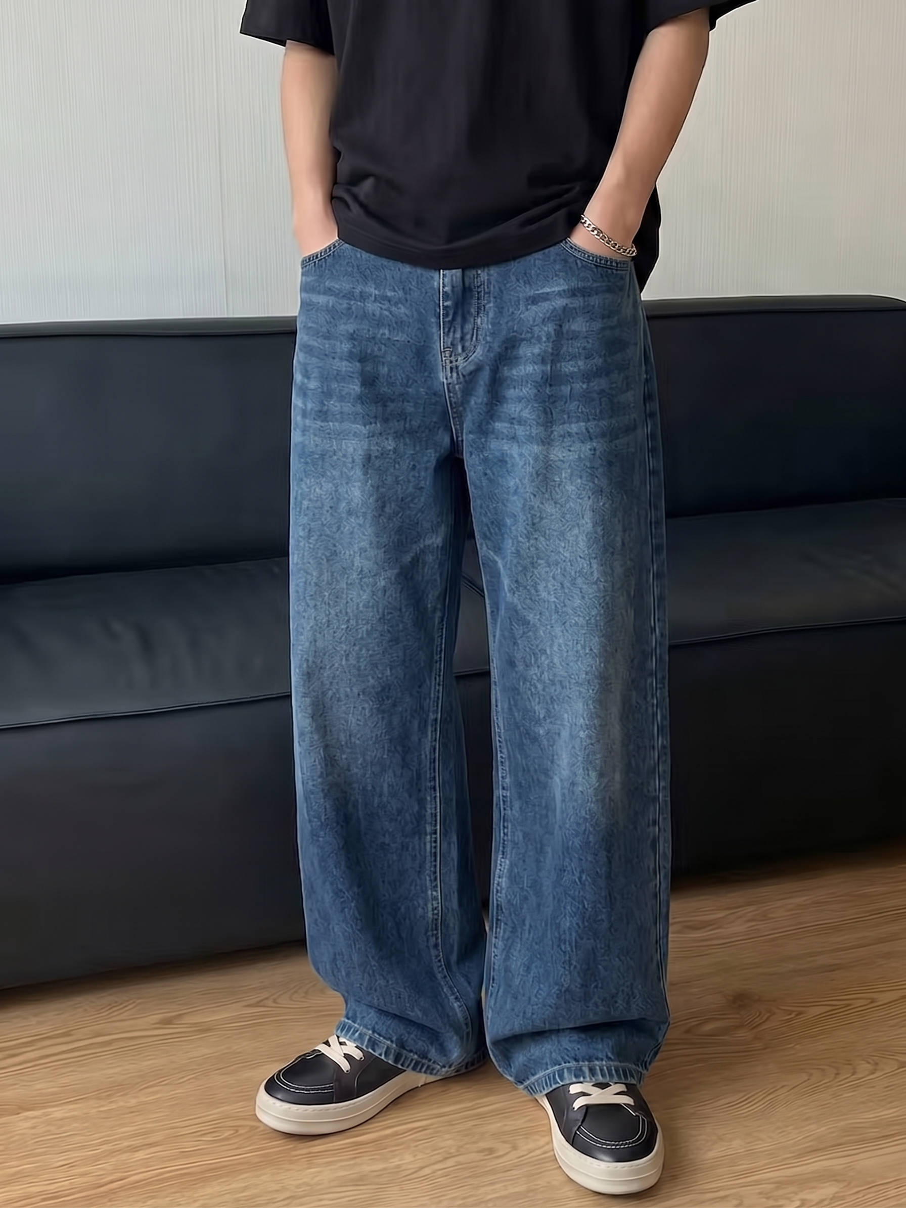 Mens Beige Wide Leg Jeans, Loose Fit Baggy Denim, Hip Hop Streetwear Pants with Pockets