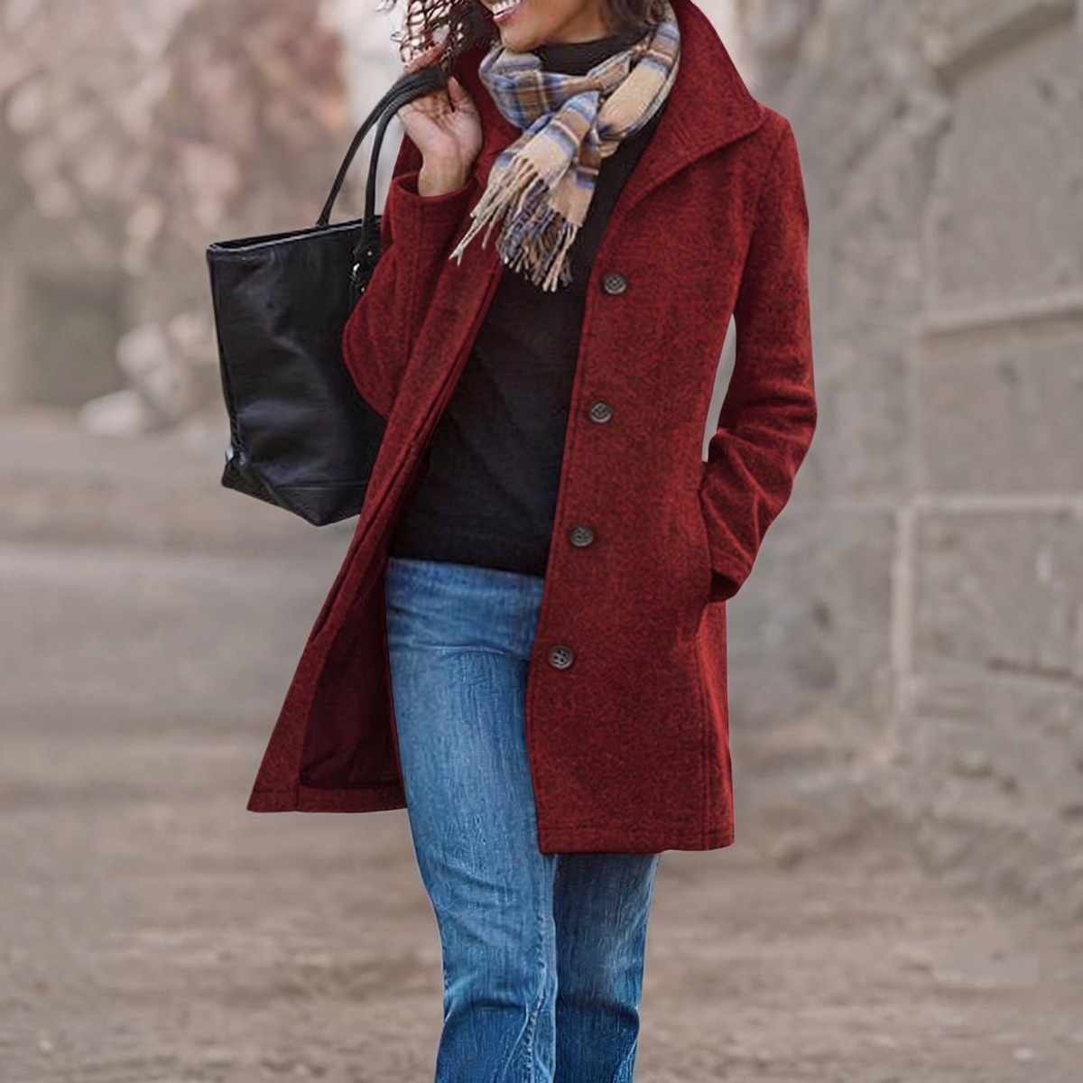 Womens Wool Blend Pea Coat, Thick Stand Collar, Single Breasted Winter Jacket