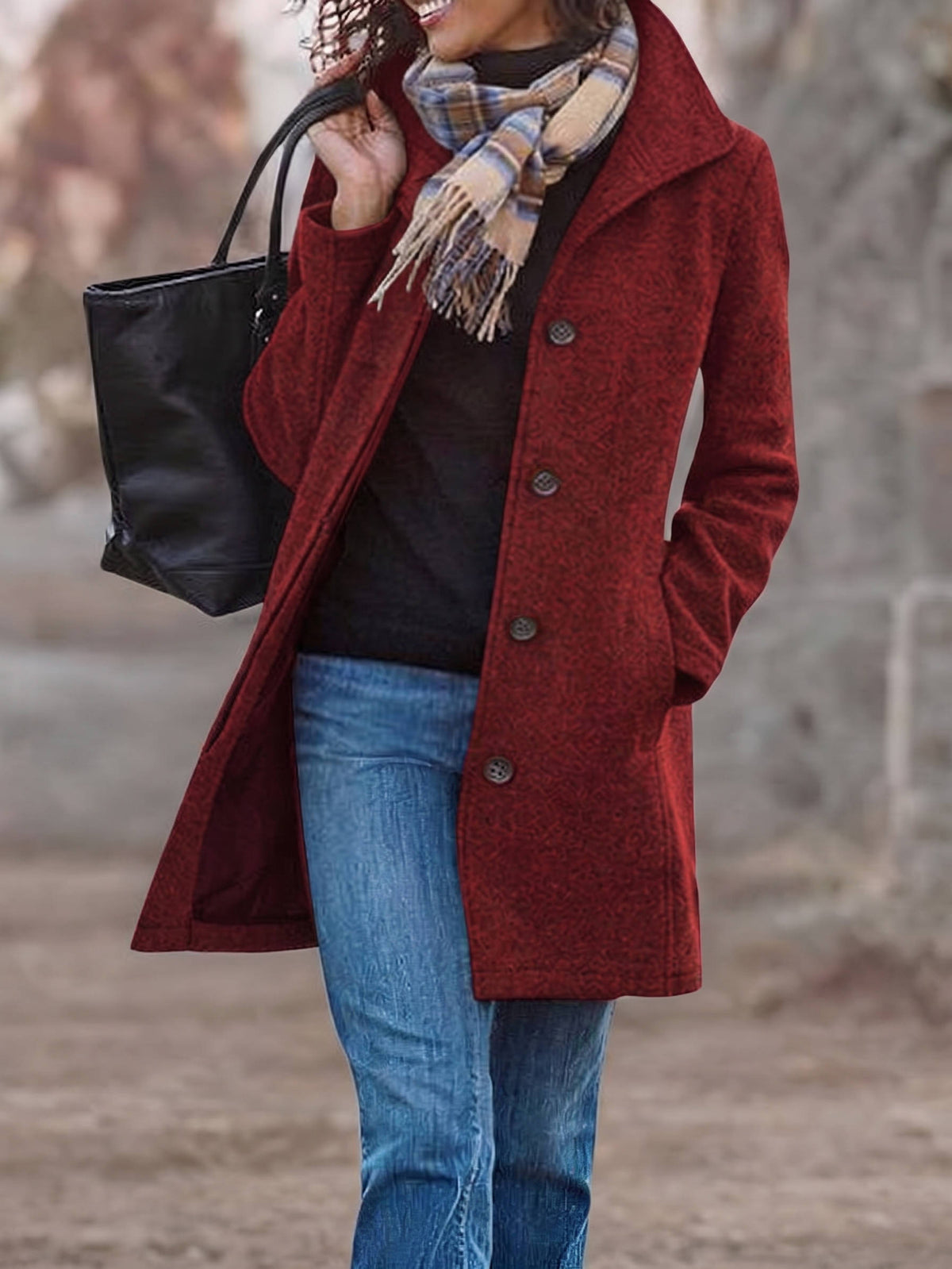 Women's Wool Blend Pea Coat, Thick Stand Collar, Single Breasted Winter Jacket