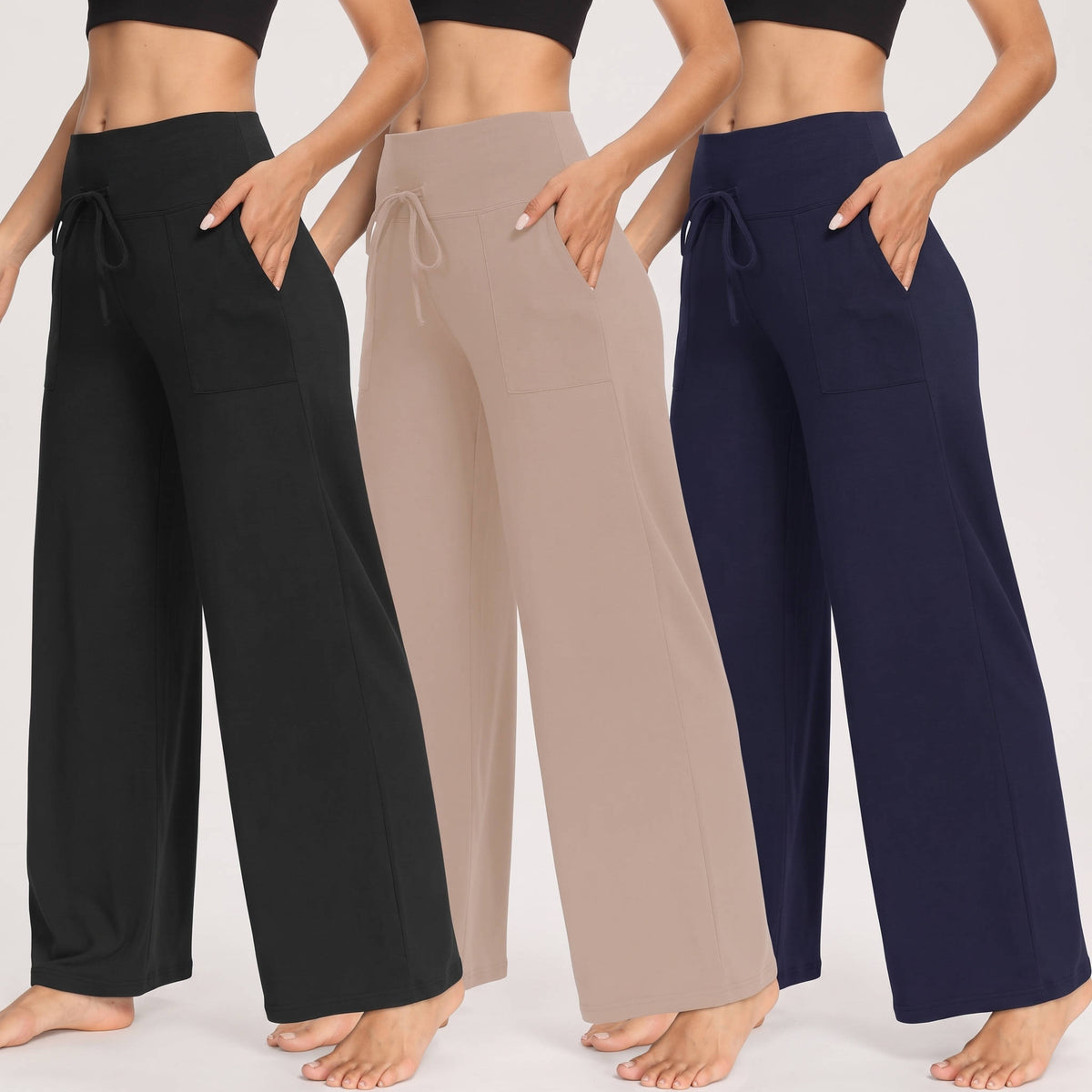 Womens Wide Leg Sweatpants, 3 Pack Loose Fit Pants with Pockets for Yoga Lounge Casual Wear and Everyday Comfort