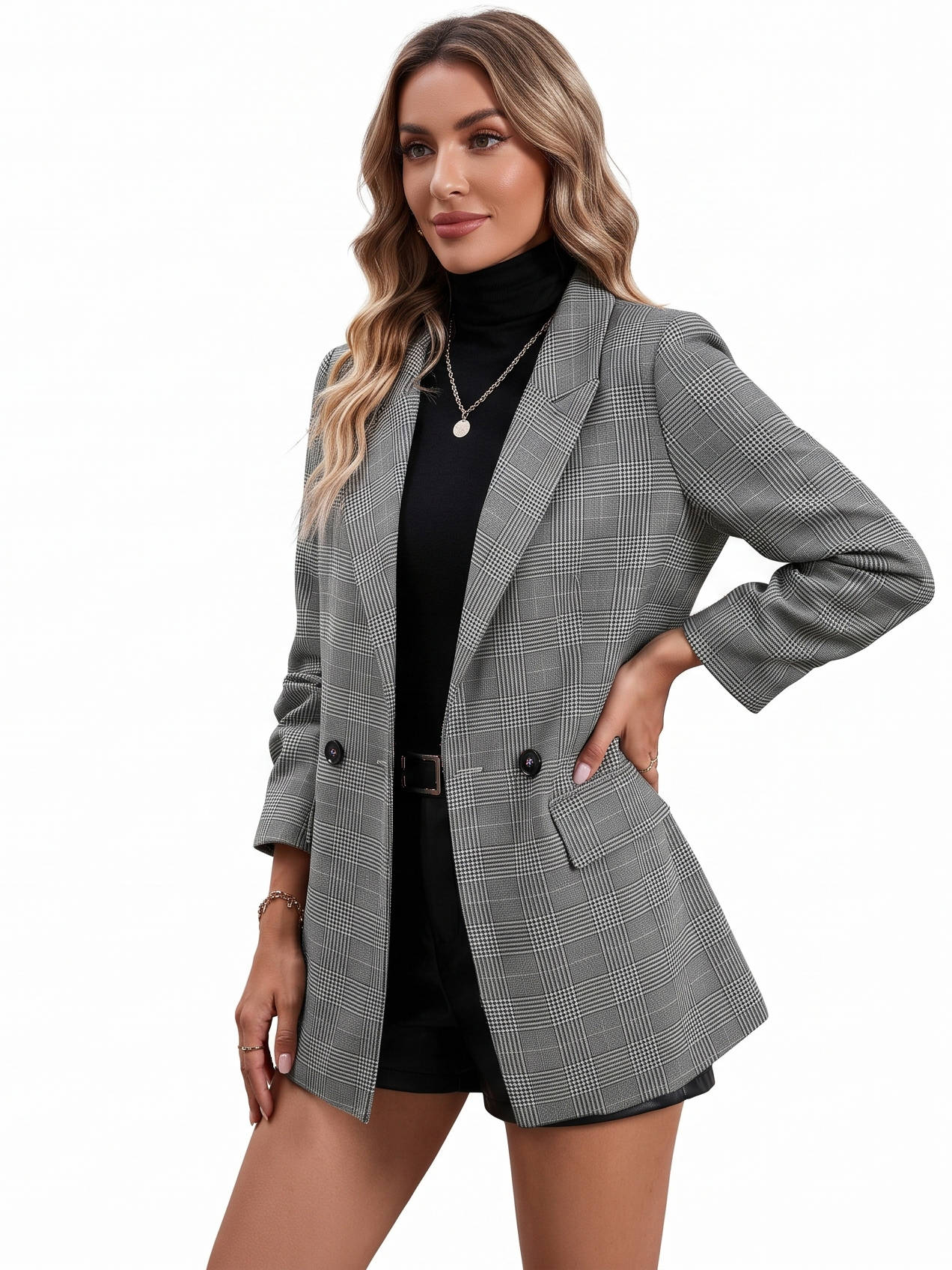 Womens Plaid Houndstooth Blazer, Business Casual Fall Jacket