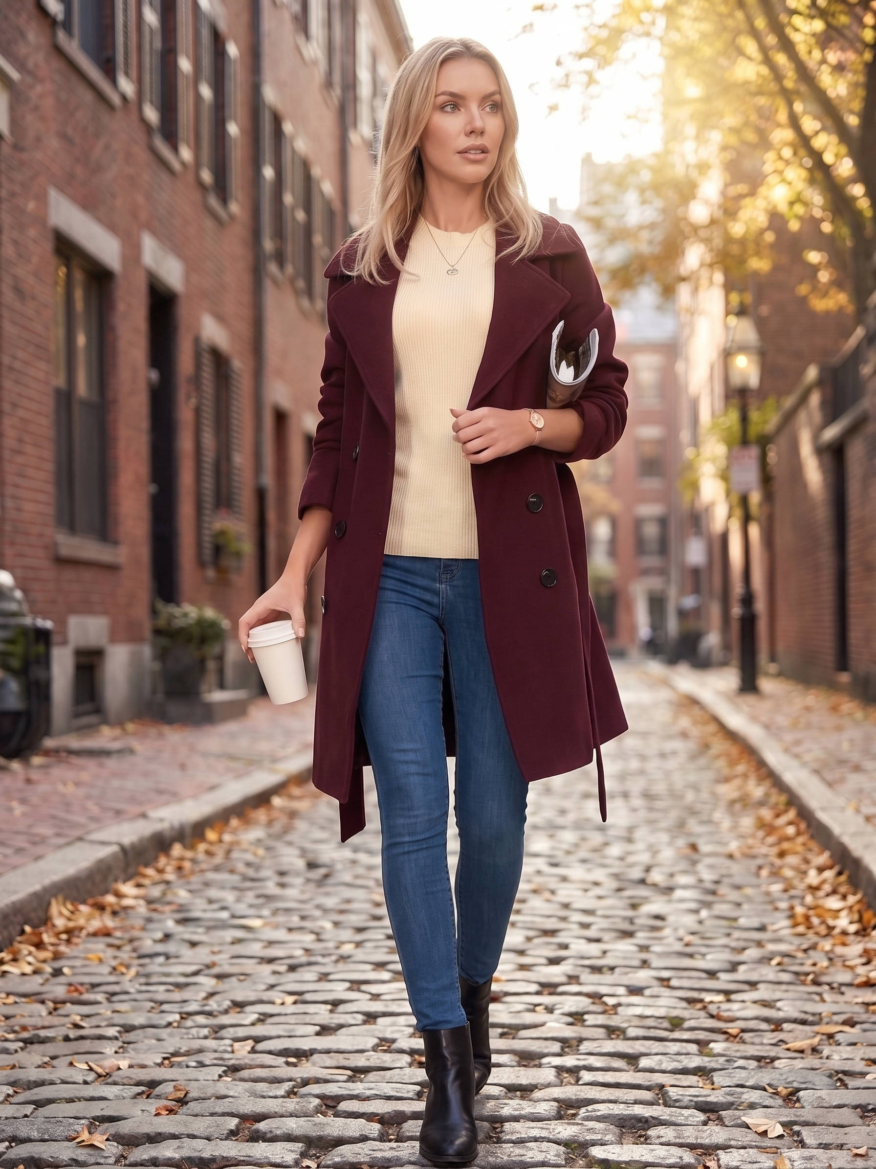 Womens Long Trench Coat, Double Breasted Faux Wool, Winter Coat