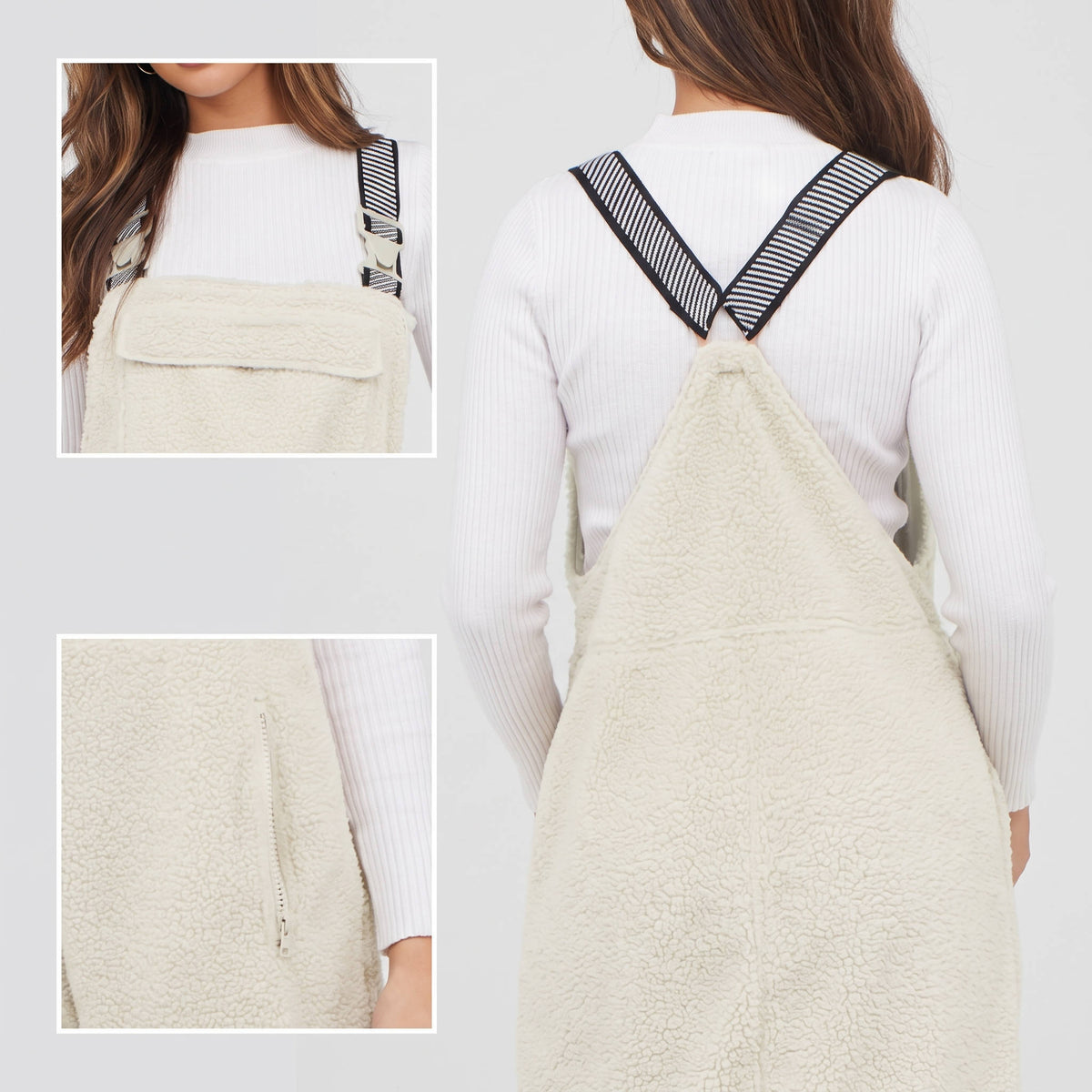 Womens Sherpa Overalls, Fleece Bib Pants, Loose Fit Thermal Jumpsuit with Adjustable Straps and Pockets