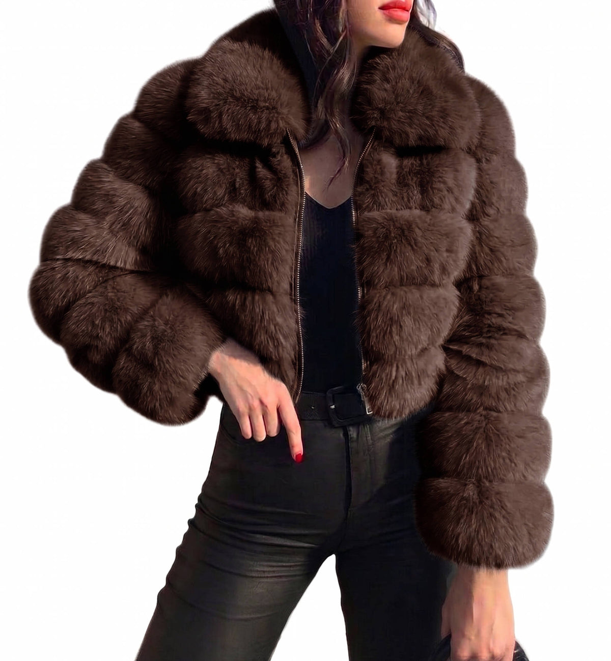 Womens Faux Fur Cropped Jacket, Fluffy Teddy Puffer Coat, Zip Up Warm Winter Jacket