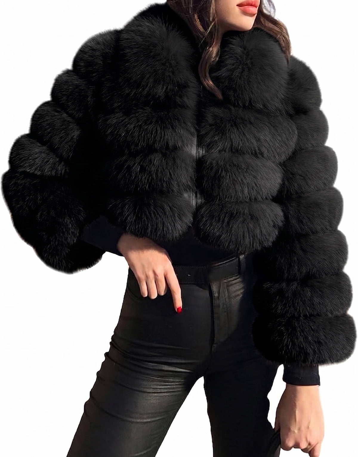 Womens Faux Fur Cropped Jacket, Fluffy Teddy Puffer Coat, Zip Up Warm Winter Jacket