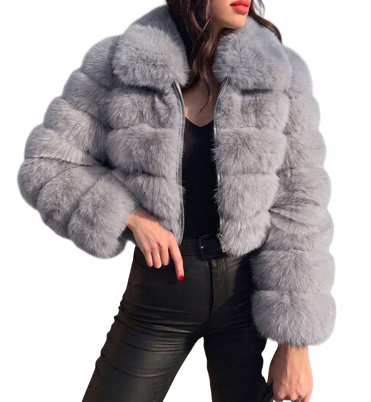 Womens Faux Fur Cropped Jacket, Fluffy Teddy Puffer Coat, Zip Up Warm Winter Jacket