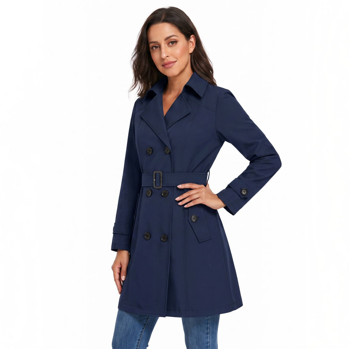 Womens Trench Coat, Classic Lapel, Belted Outerwear