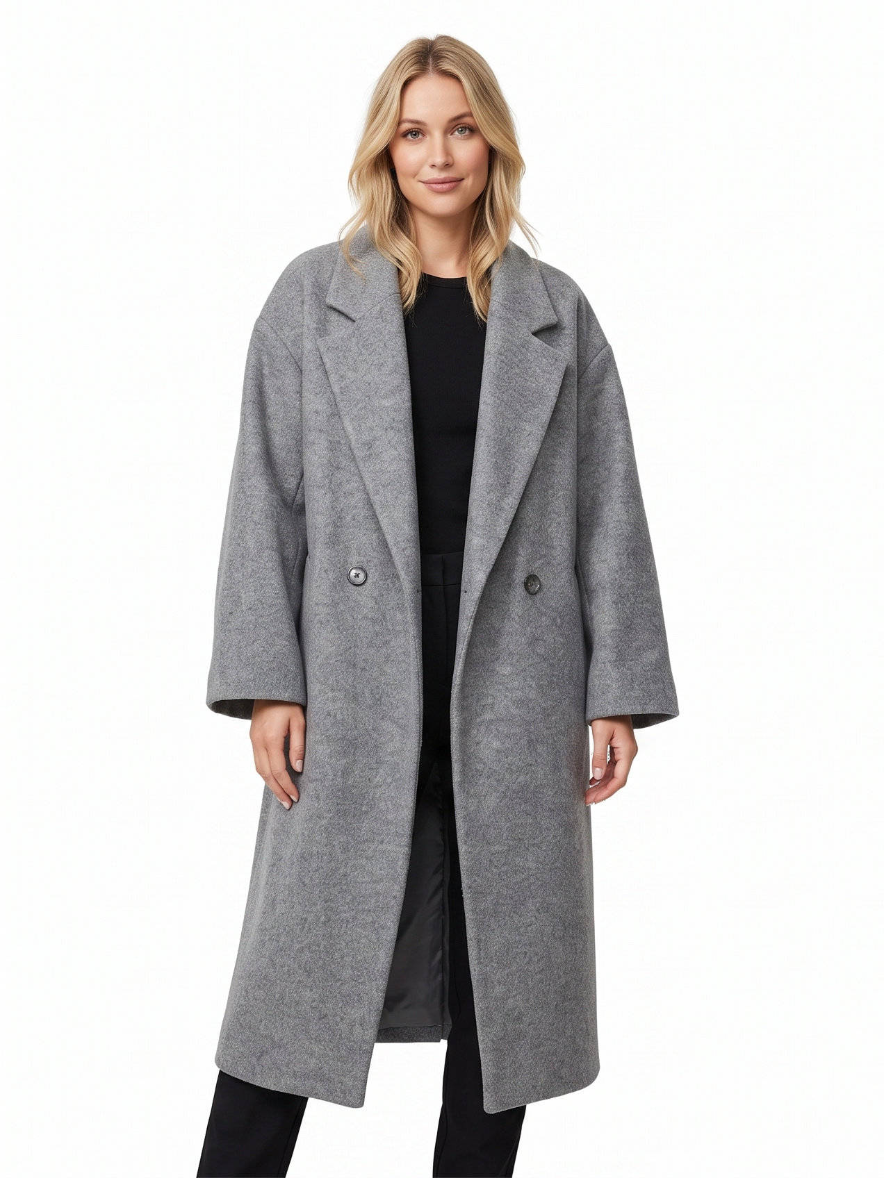 Womens Long Wool Coat, Double Breasted, Notch Lapel Winter Trench Coat