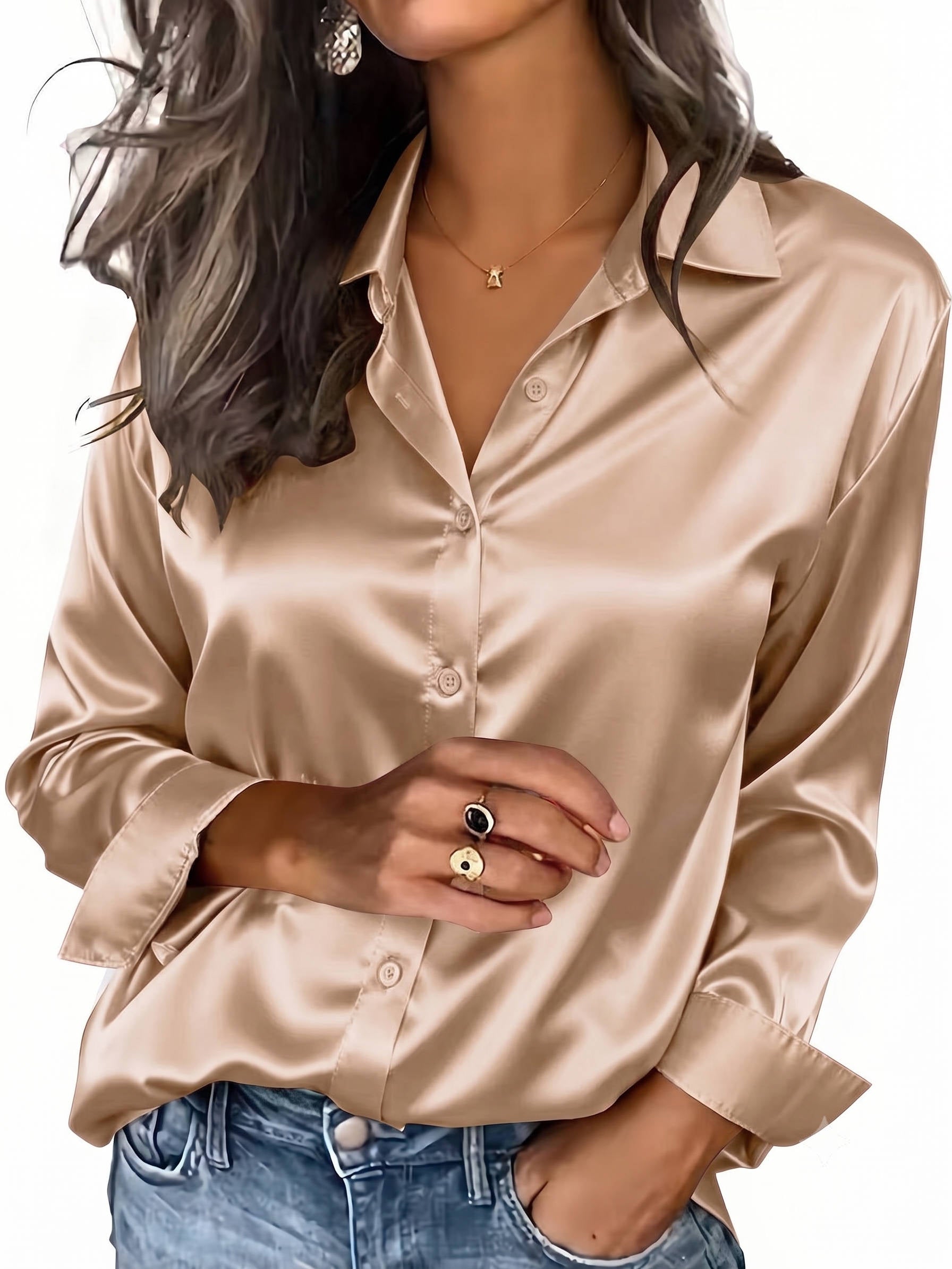 Satin Blouses for Women, Silk Button Down Shirts, Long Sleeve Business Casual Top