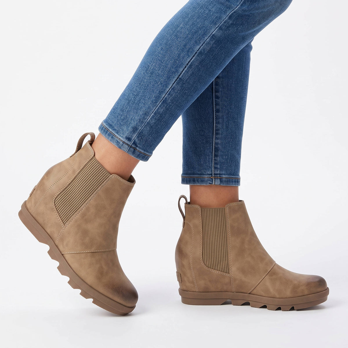 Womens Hidden Heel Chelsea Ankle Wedge Boots, Comfortable Platform Wedge Booties with Round Toe and Elastic Sides