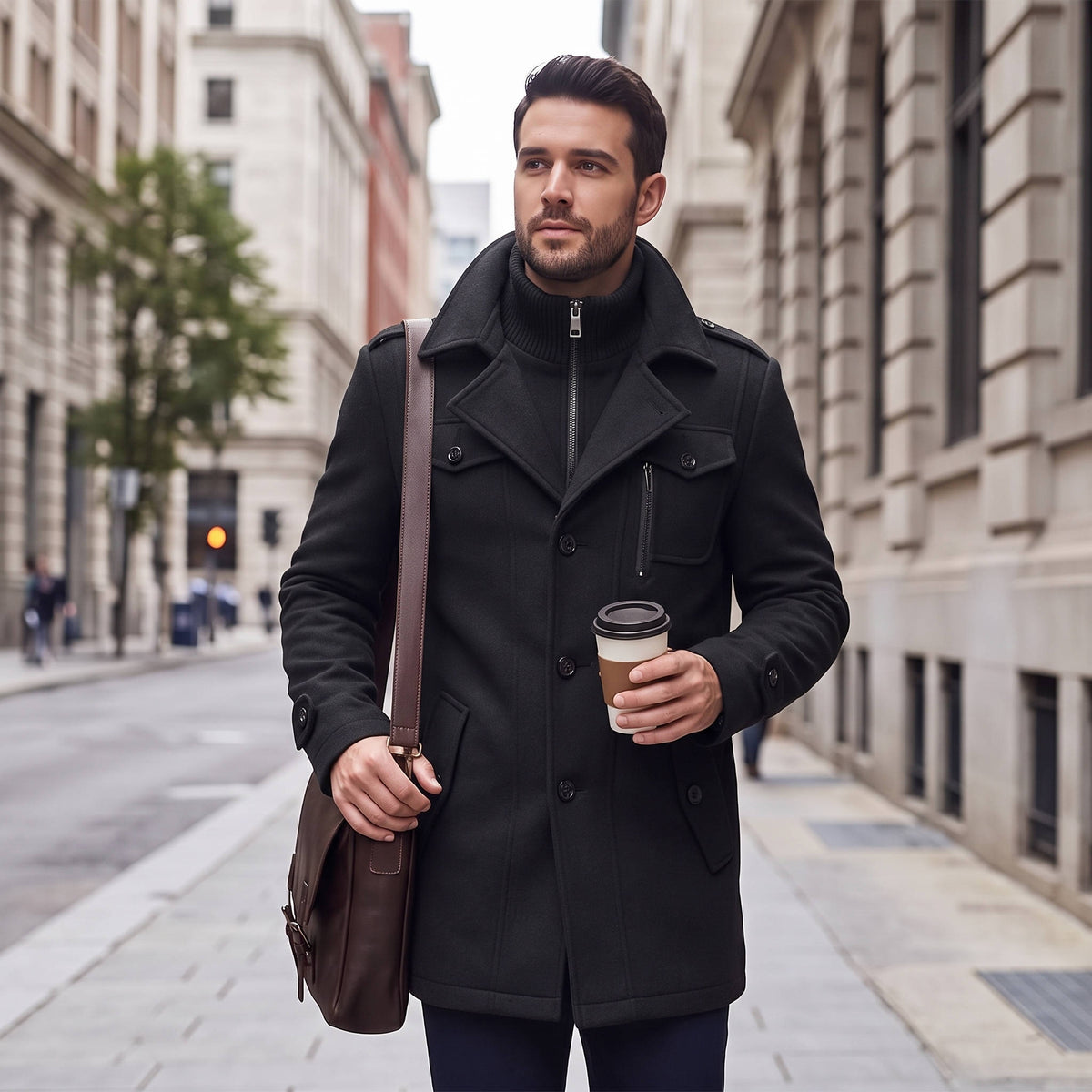 Men's Tweed Wool Coat, Korean Style Business Jacket, Double Neck, Front Zipper & Button Detail