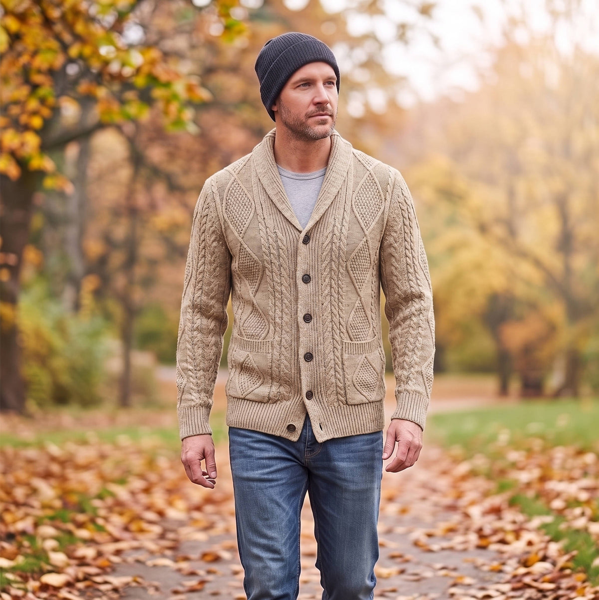Mens Wool Blend Shawl Collar Cable Knit Cardigan Sweater, Button Front Long Sleeve with Pockets