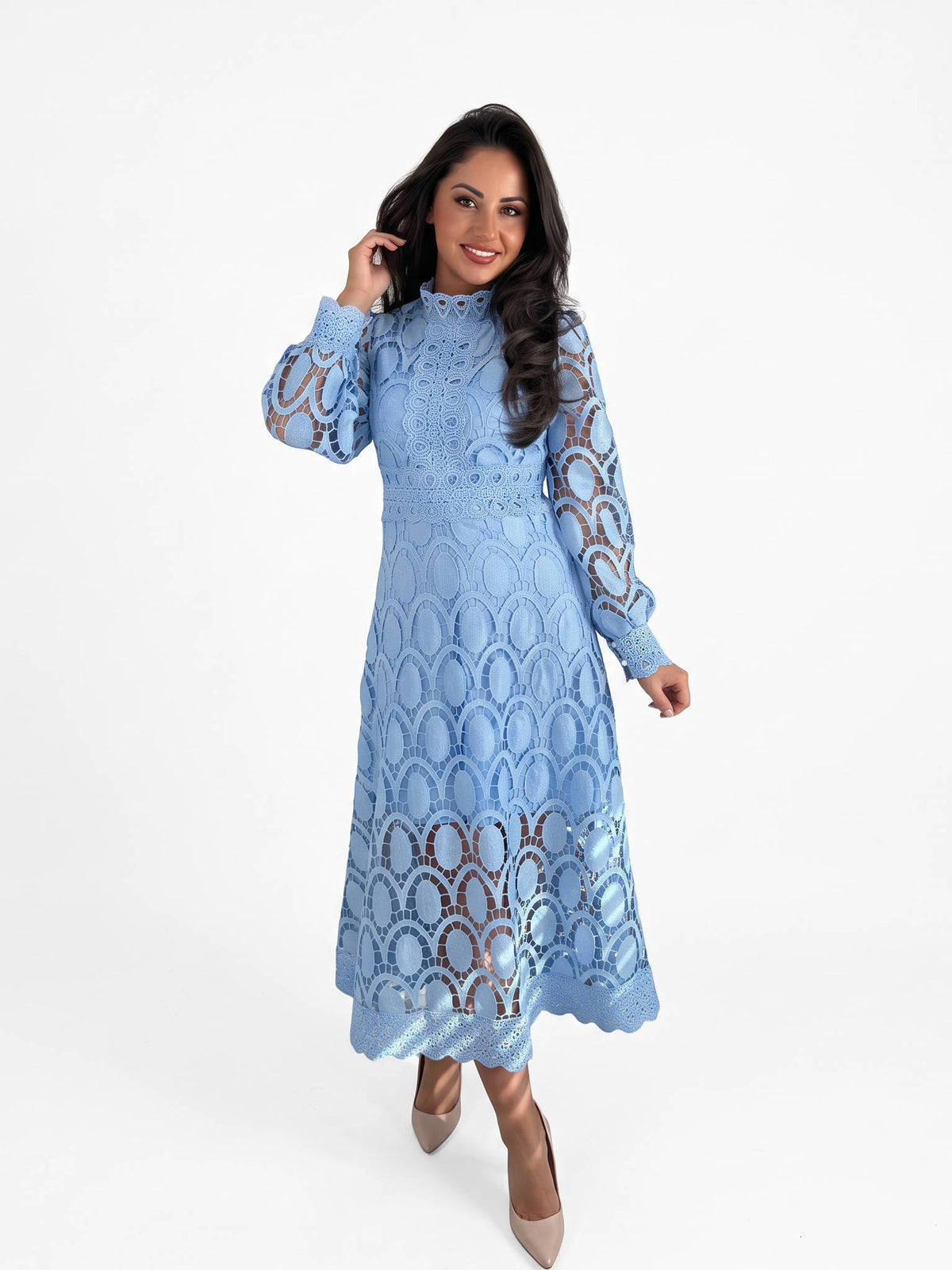 Womens Camille Openwork Midi Dress, Elegant Cutout Knit Dress, Stylish Casual Occasion Wear