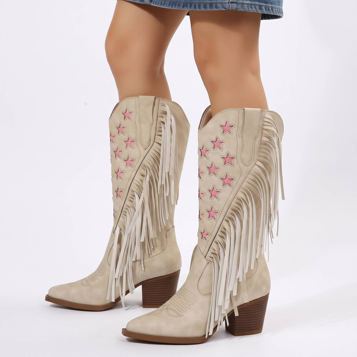 Western Boots for Women, Block Heel Fringe Star Knee High Boots for Casual and Everyday Wear