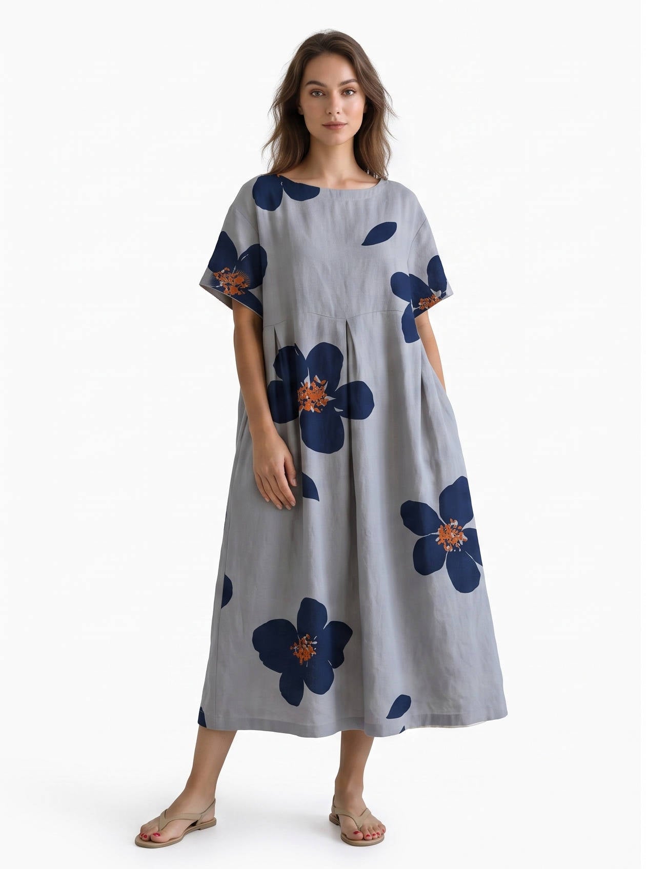Womens Floral A Line Midi Dress, Short Sleeve Casual Summer Dress