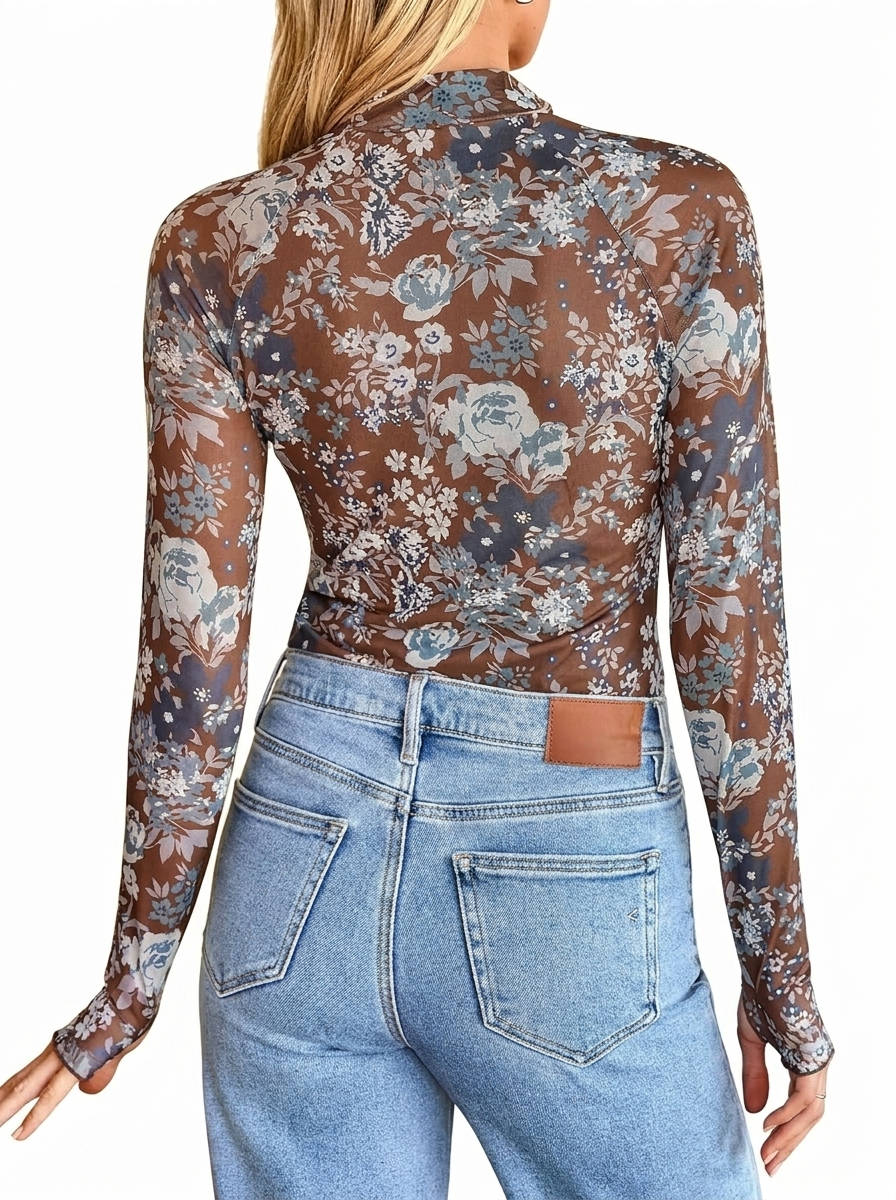 Women's Lace Sheer Floral Mesh Tops, Slim Fitted Lightweight Going Out Top, Fashion Fall Outfits with Thumb Holes