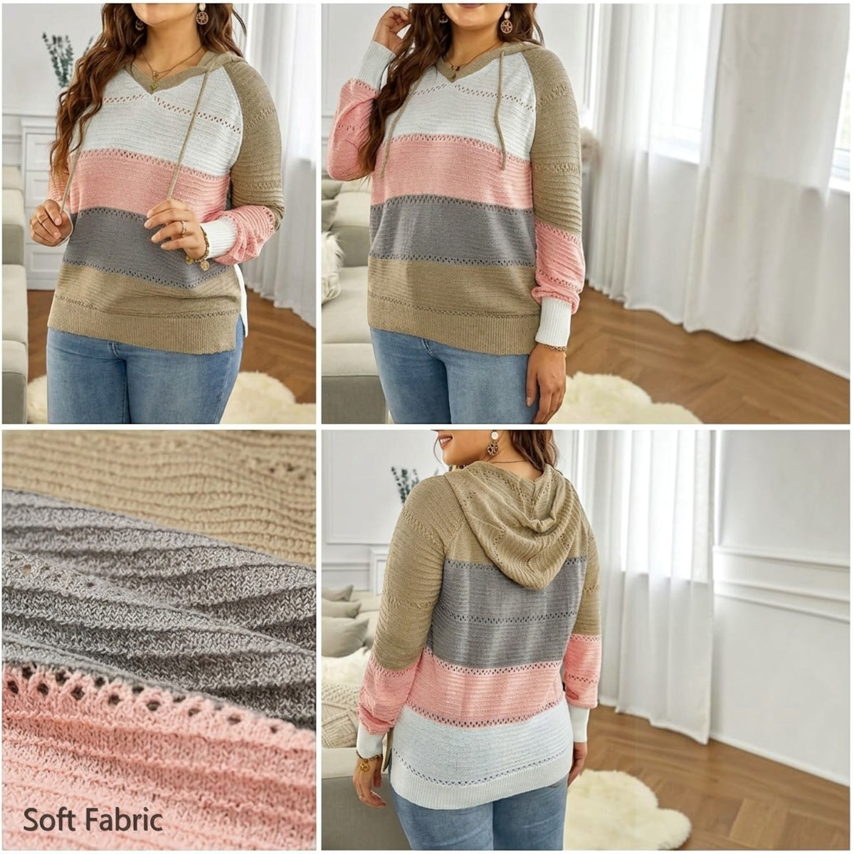 Womens Striped Crochet Sweater Hoodie, Long Sleeve Colorblock Lightweight Knit Pullover