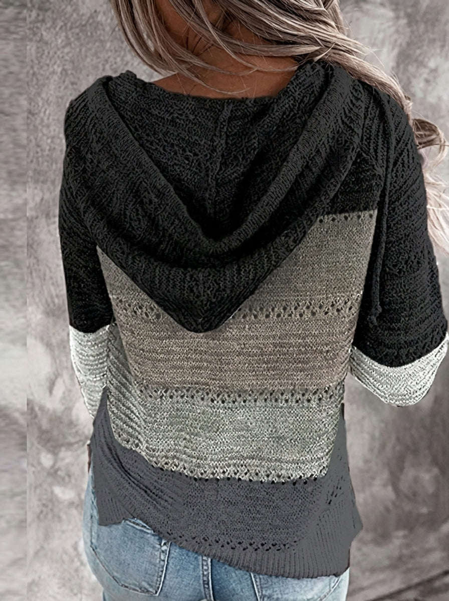 Womens Striped Crochet Sweater Hoodie, Long Sleeve Colorblock Lightweight Knit Pullover