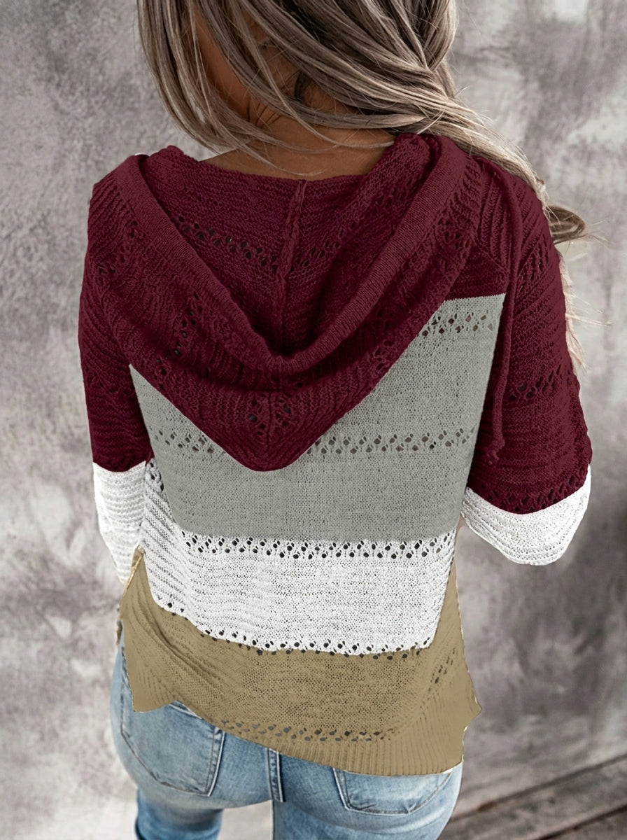 Womens Striped Crochet Sweater Hoodie, Long Sleeve Colorblock Lightweight Knit Pullover