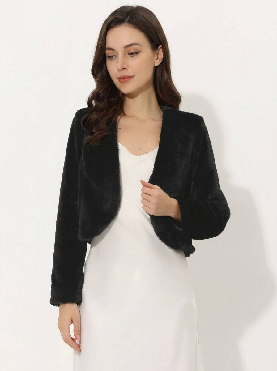 Womens Cropped Faux Fur Jacket, Long Sleeve Wedding Bolero Coat