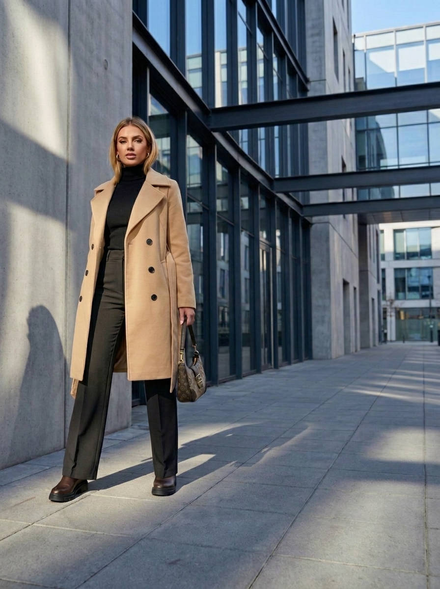 Womens Long Trench Coat, Double Breasted Faux Wool, Winter Coat