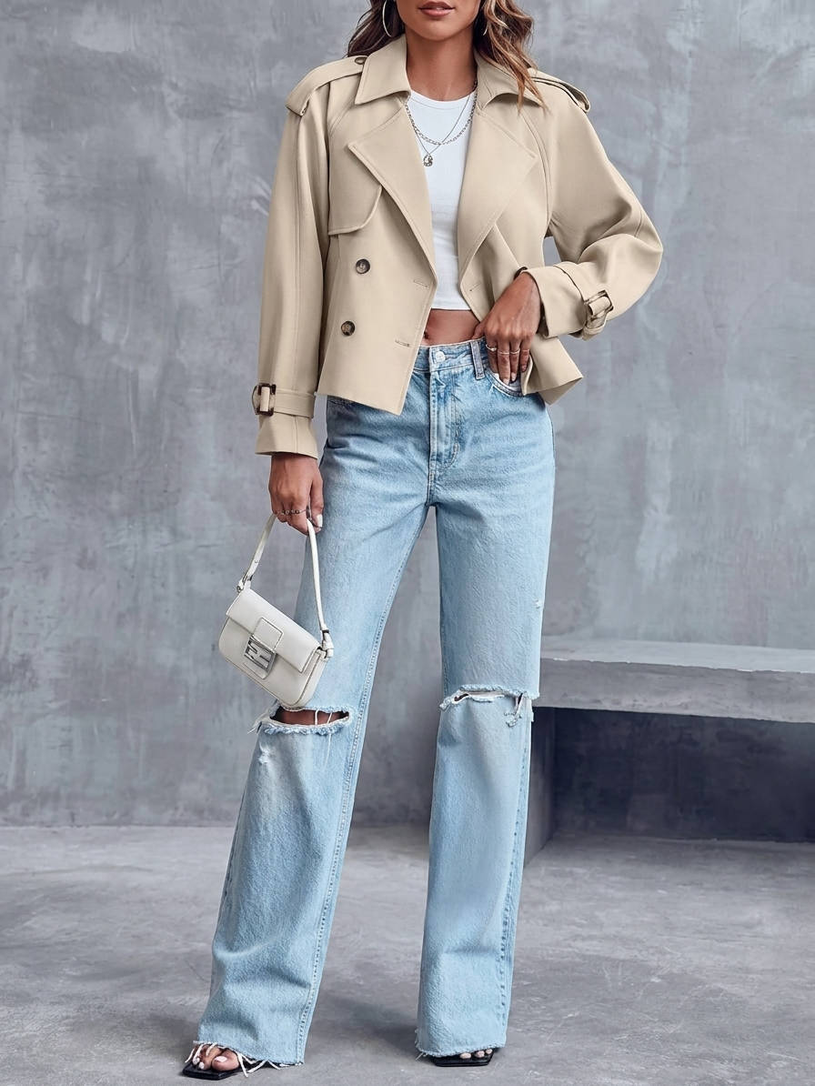 Womens Cropped Trench Coat, Double Breasted Short Jacket