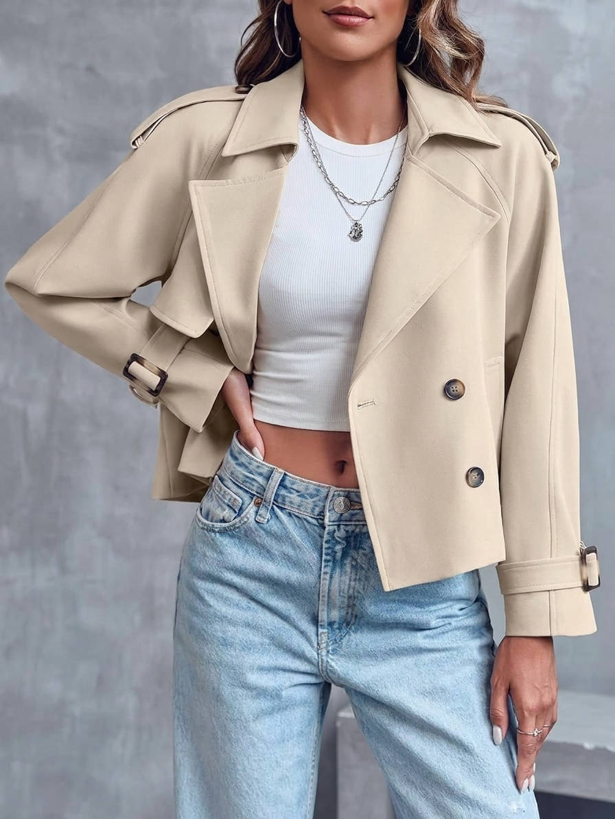 Womens Cropped Trench Coat, Double Breasted Short Jacket