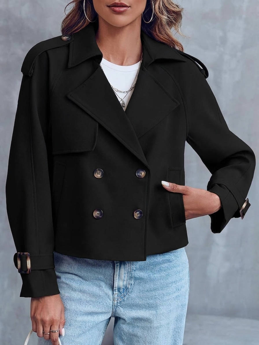 Womens Cropped Trench Coat, Double Breasted Short Jacket