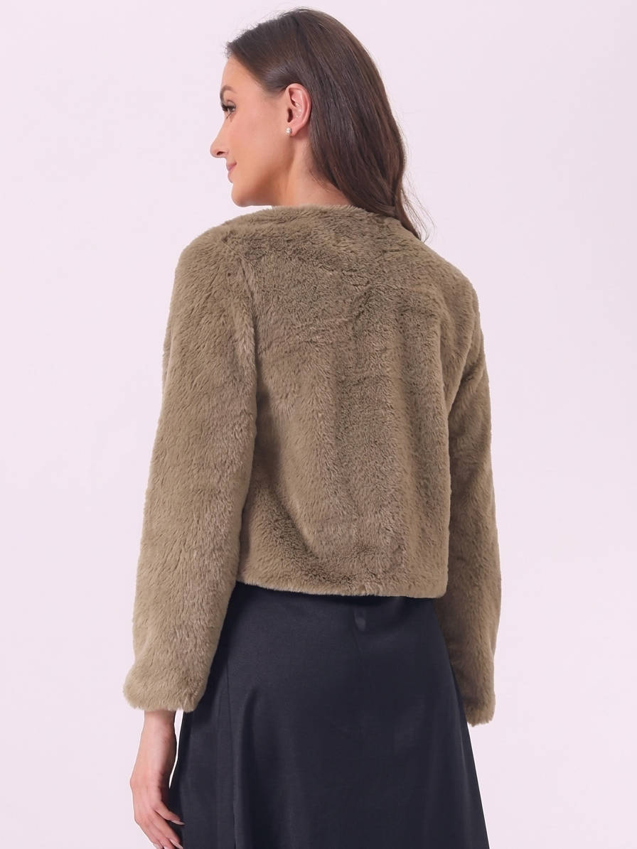 Womens Cropped Faux Fur Jacket, Long Sleeve Wedding Bolero Coat