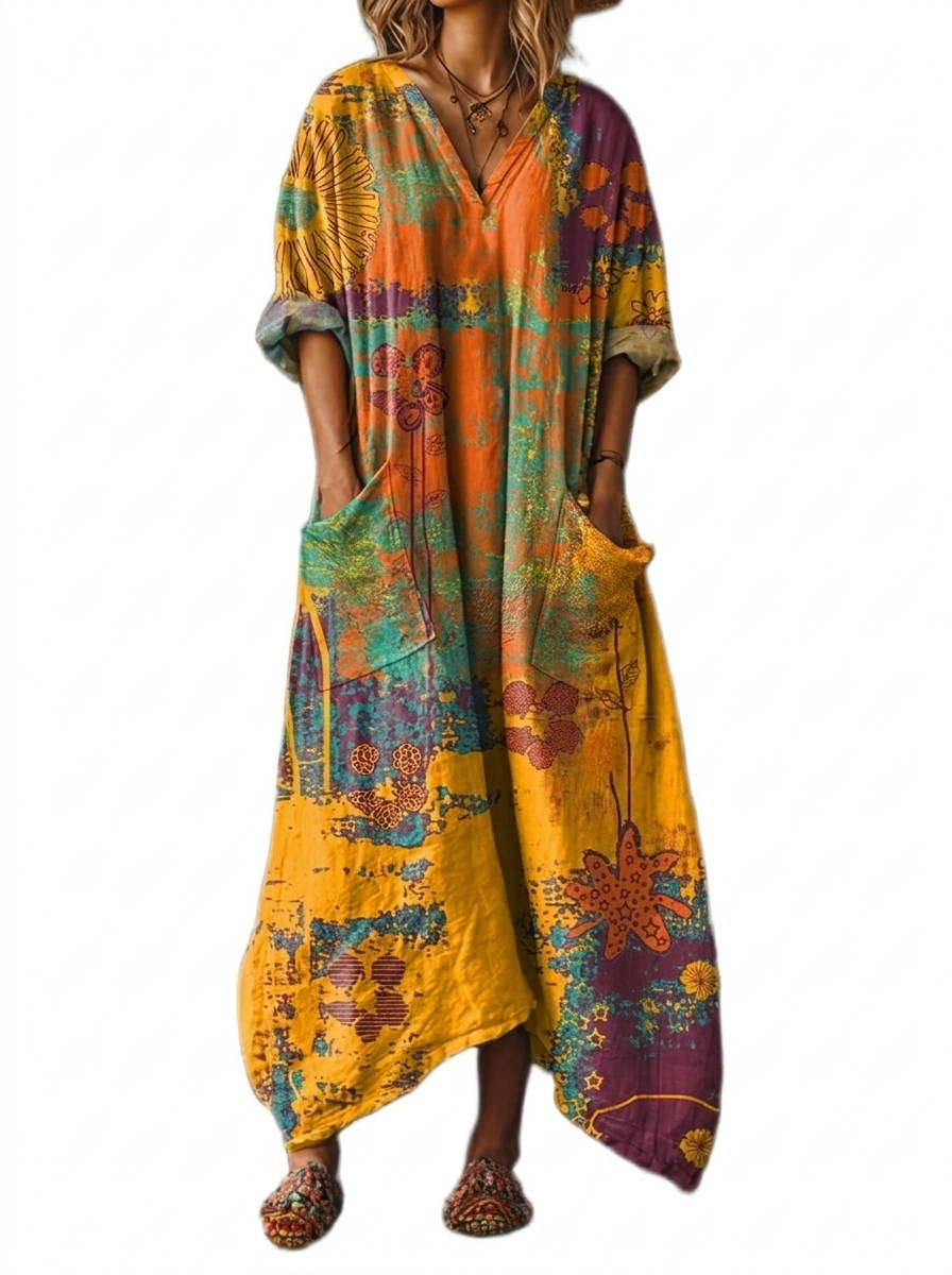 Womens Cotton Maxi Dress, Boho Print Front Pocket Casual Summer Dress