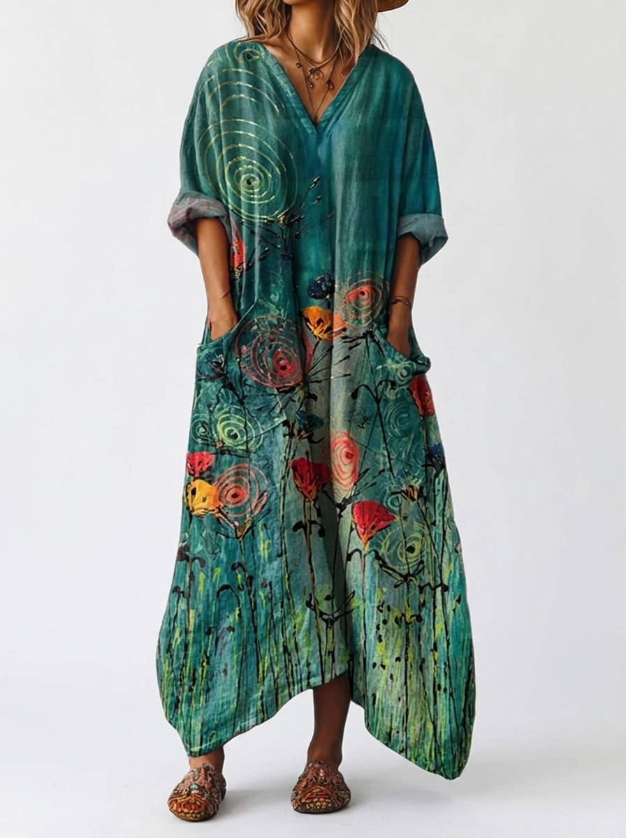 Womens Cotton Maxi Dress, Boho Print Front Pocket Casual Summer Dress