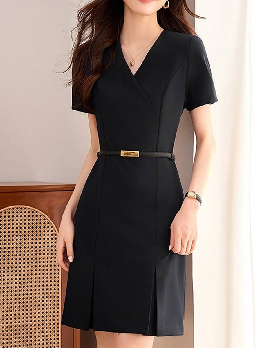 Women's A Line Work Dress, Short Sleeve V Neck Sheath Dress, Professional Business Casual Career Outfit