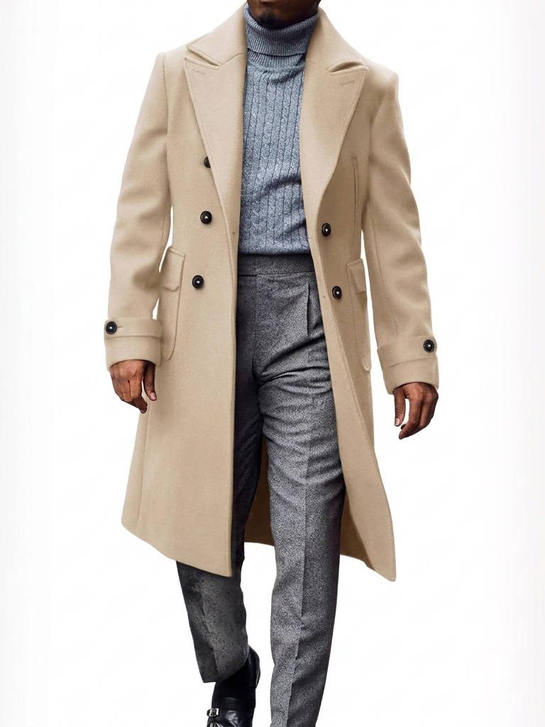 Mens Trench Coat, Double Breasted Peacoat, Notch Lapel Casual Winter Coat