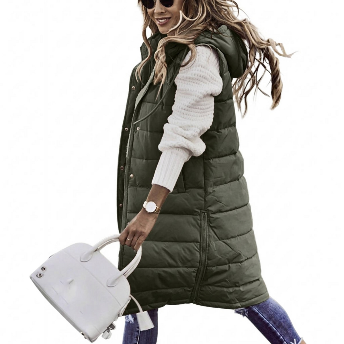 Womens Knee Length Puffer Vest, Hooded Quilted Zip Up Long Vest, Warm Winter Outerwear