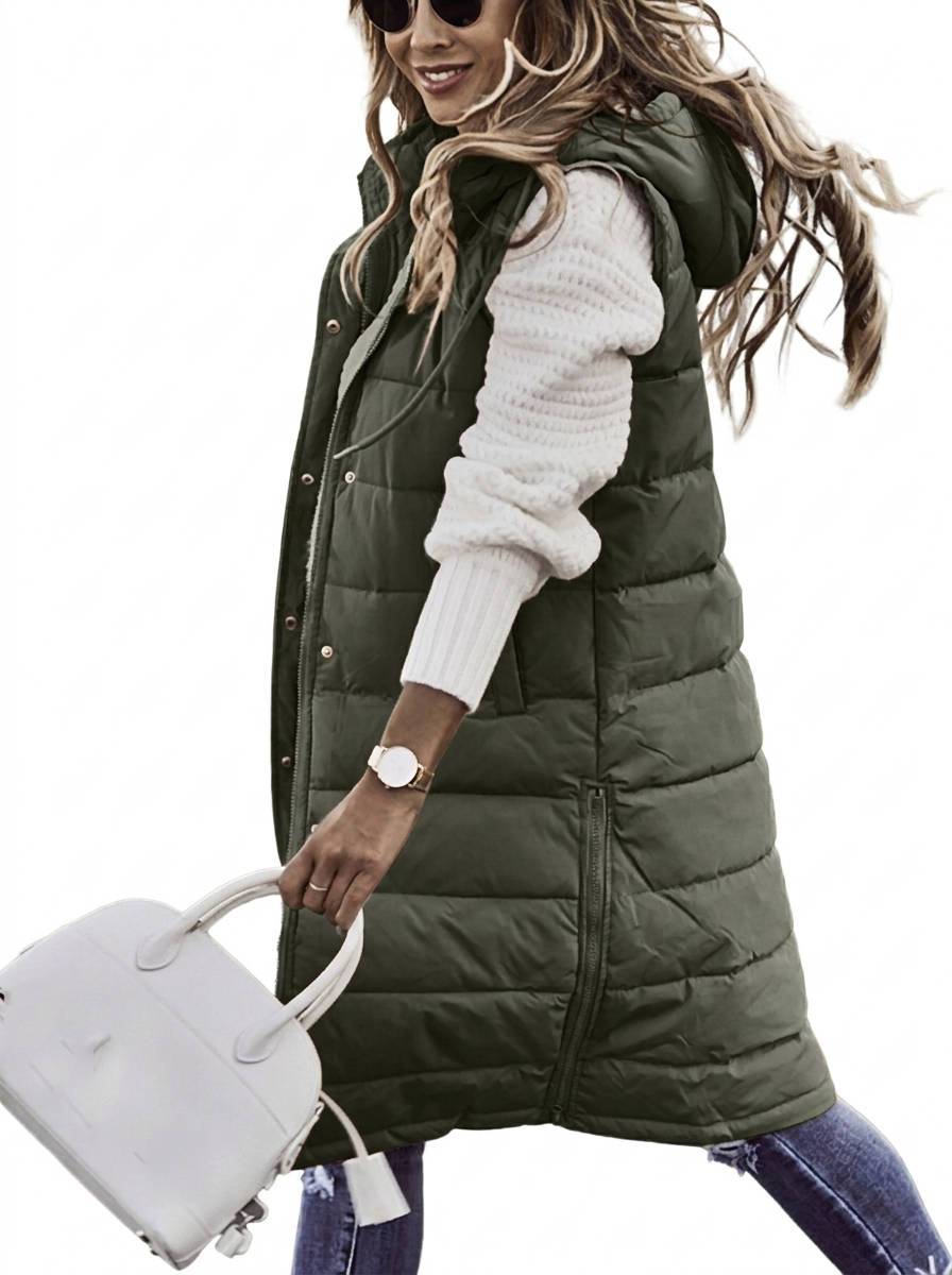 Women's Knee Length Puffer Vest, Hooded Quilted Zip Up Long Vest, Warm Winter Outerwear