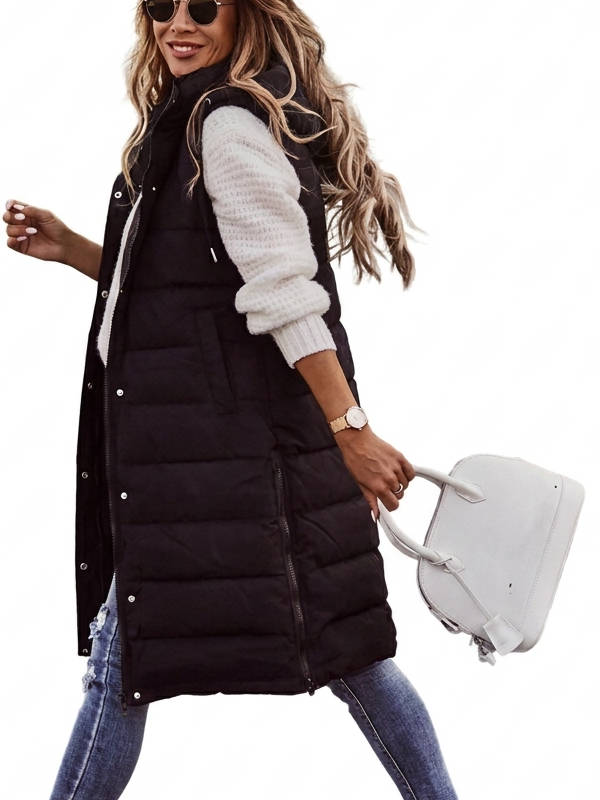 Women's Knee Length Puffer Vest, Hooded Quilted Zip Up Long Vest, Warm Winter Outerwear