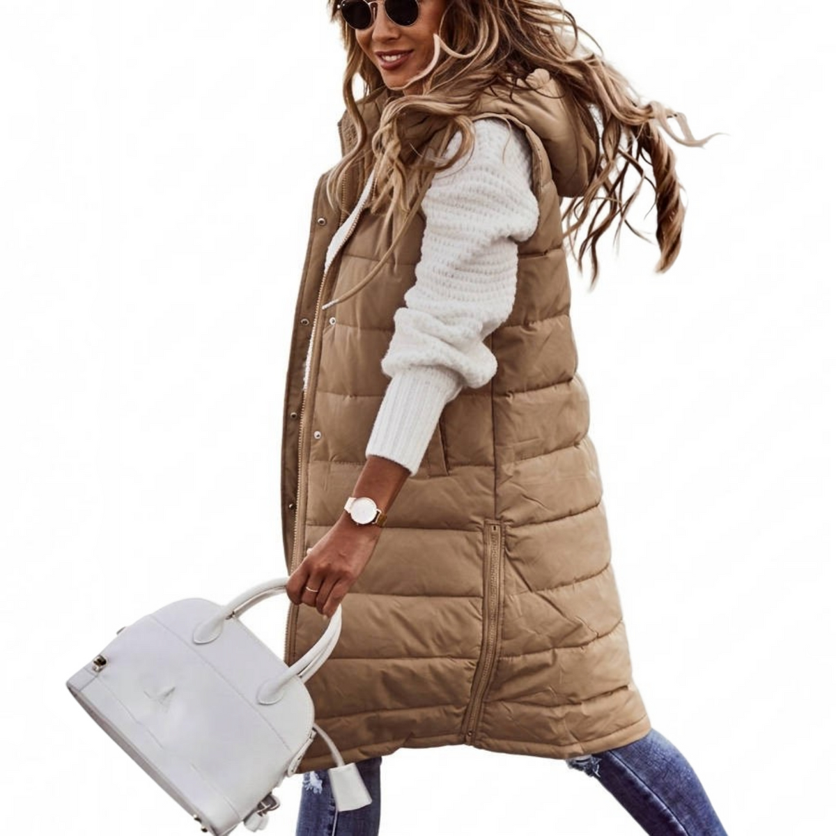 Womens Knee Length Puffer Vest, Hooded Quilted Zip Up Long Vest, Warm Winter Outerwear
