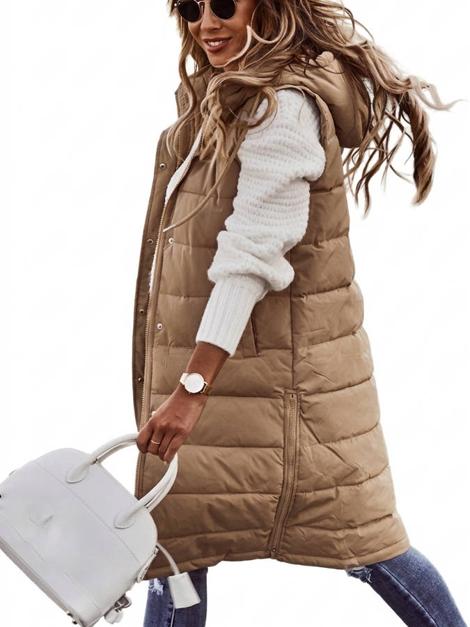 Women's Knee Length Puffer Vest, Hooded Quilted Zip Up Long Vest, Warm Winter Outerwear