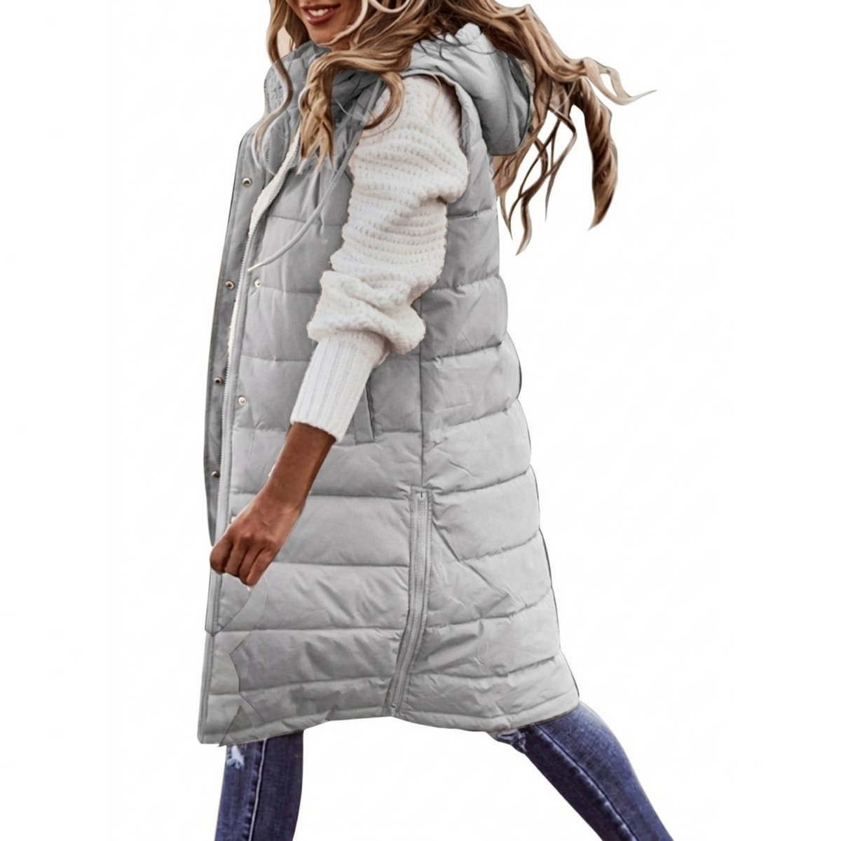 Womens Knee Length Puffer Vest, Hooded Quilted Zip Up Long Vest, Warm Winter Outerwear
