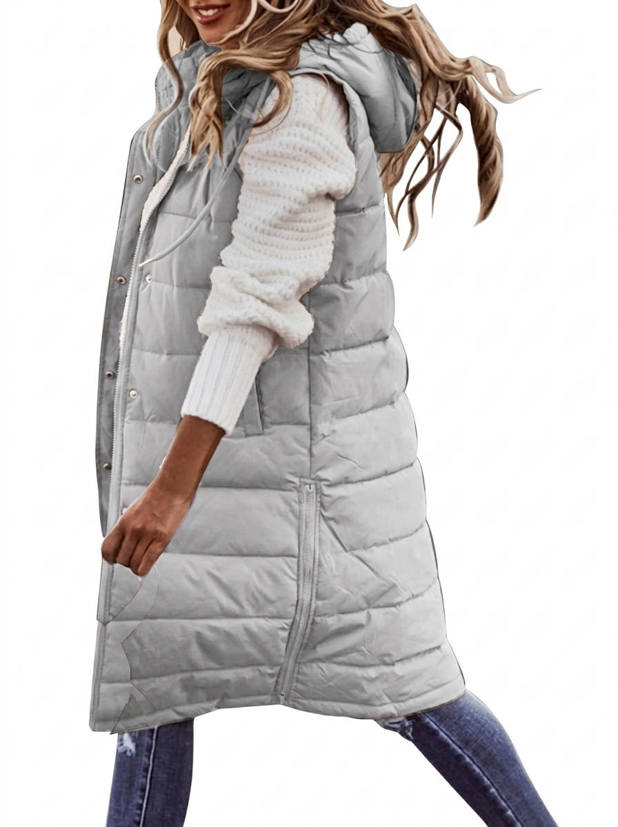 Women's Knee Length Puffer Vest, Hooded Quilted Zip Up Long Vest, Warm Winter Outerwear