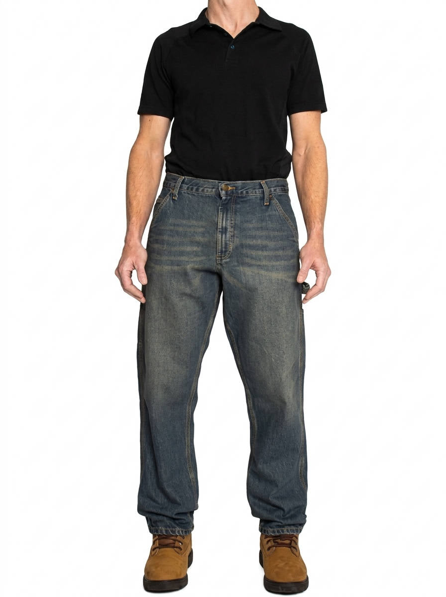 Mens Carpenter Jeans, Relaxed Fit Denim Pants, Utility Pocket and Hammer Loop Work Jeans