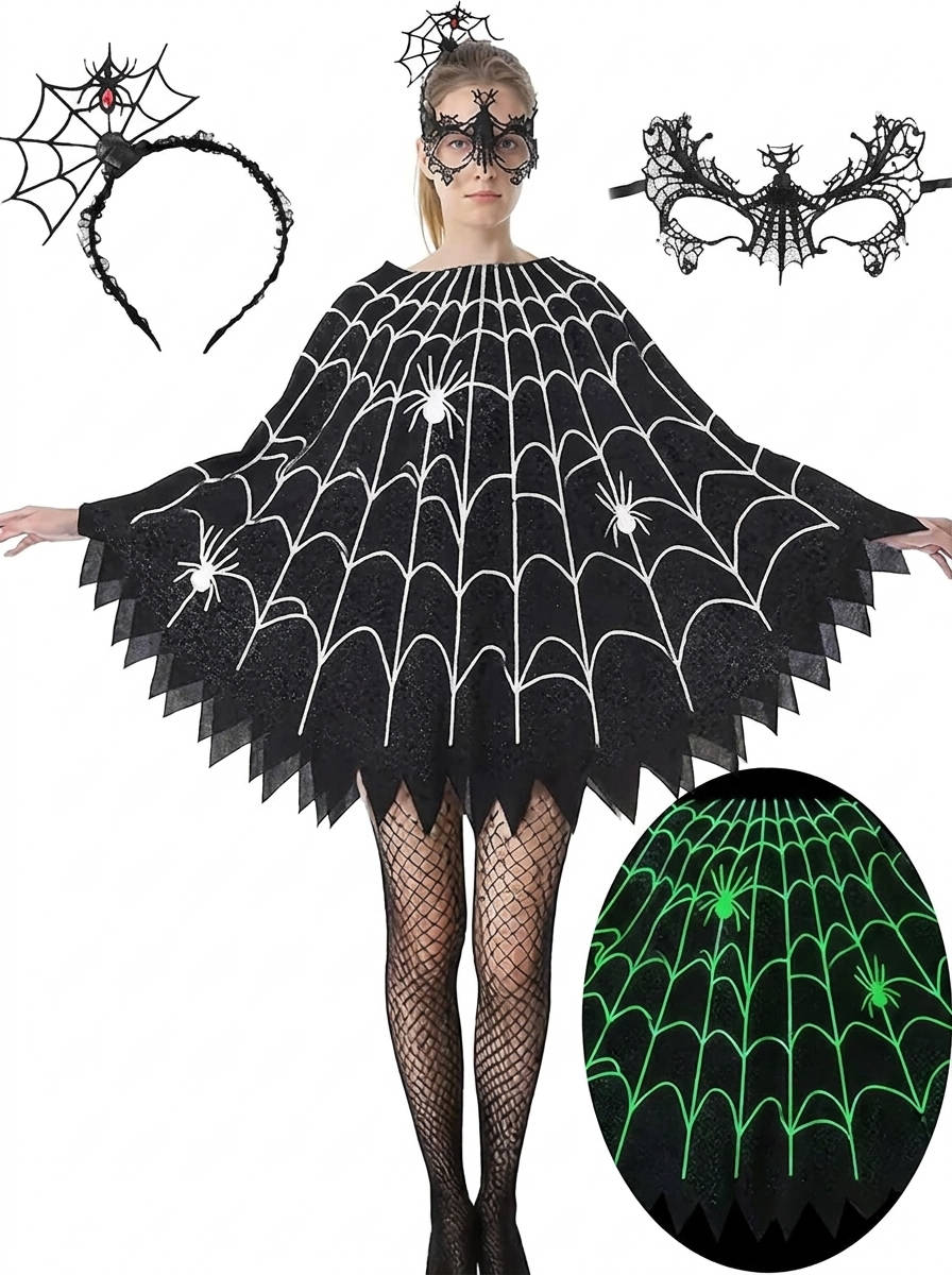 Spider Web Poncho for Women, Glow in the Dark Halloween Costume Dress with Headband and Mask for Cosplay
