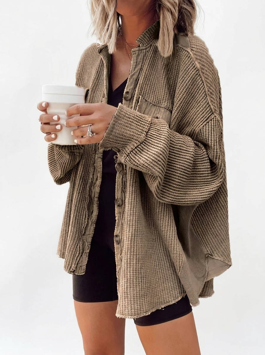 Oversized Waffle Knit Shirt Women Fall Shacket, Corduroy Long Sleeve Button Down Shirt Jacket