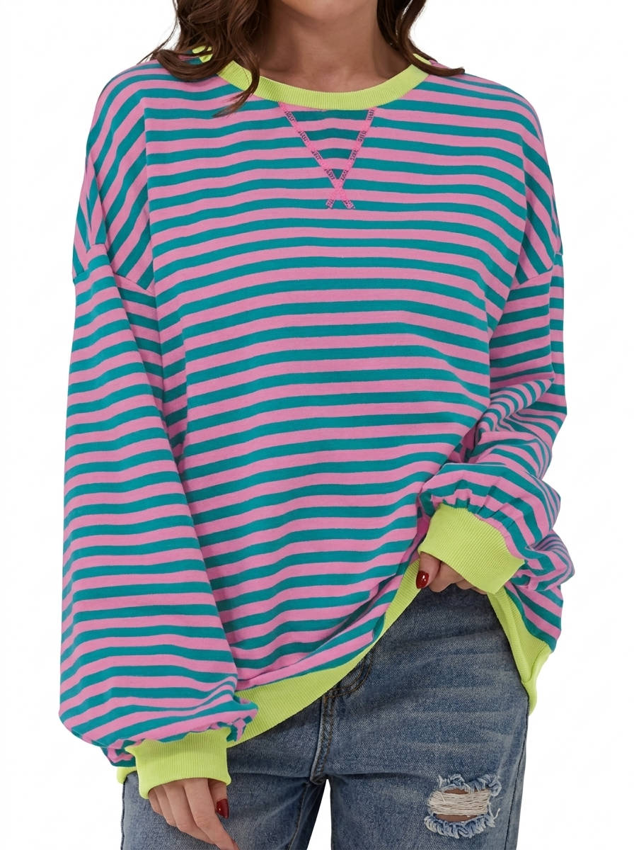 Sweatshirt for Women 2026 Fall, Crewneck Long Sleeve Oversized Striped Pullover Tops